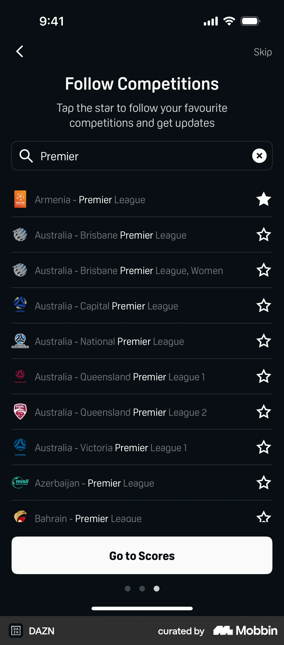 DAZN iOS Follow & Subscribe screen