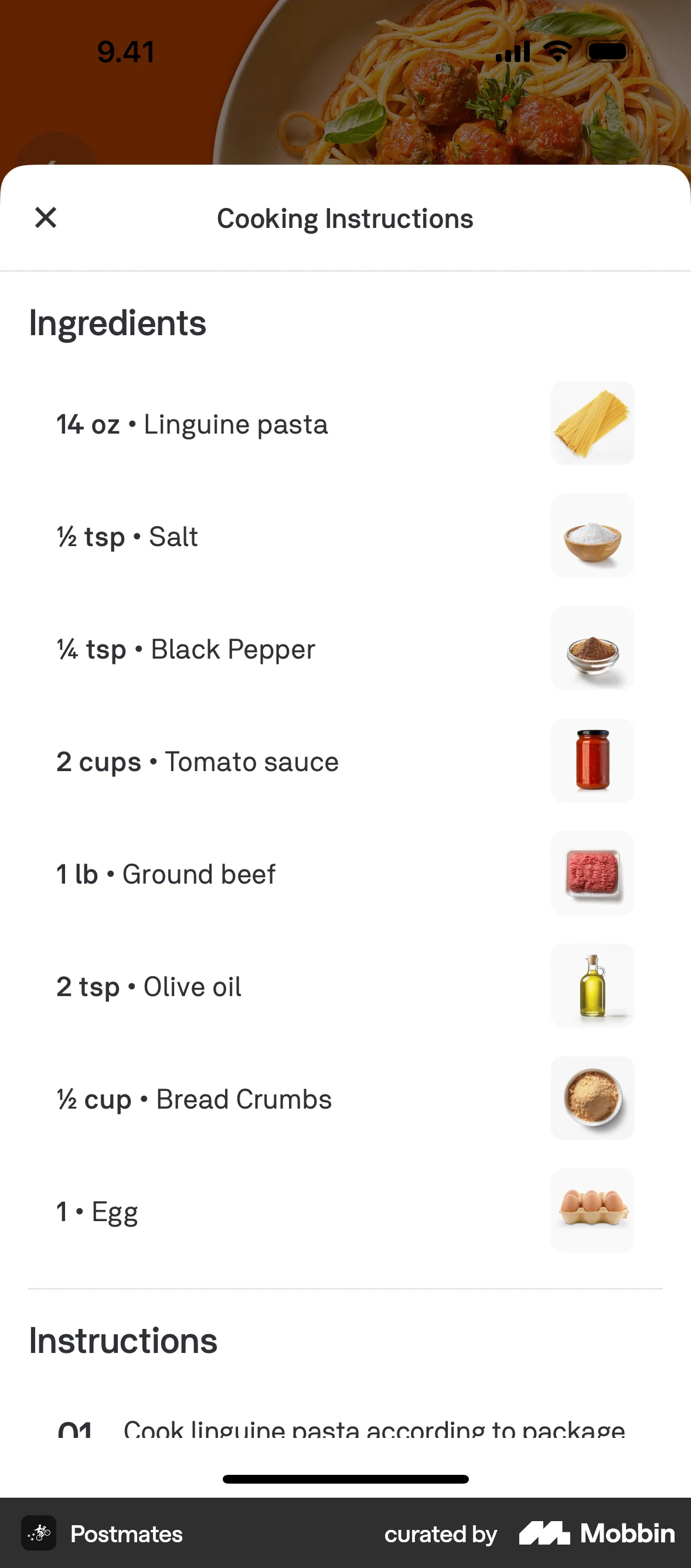 Postmates iOS Recipe Detail screen