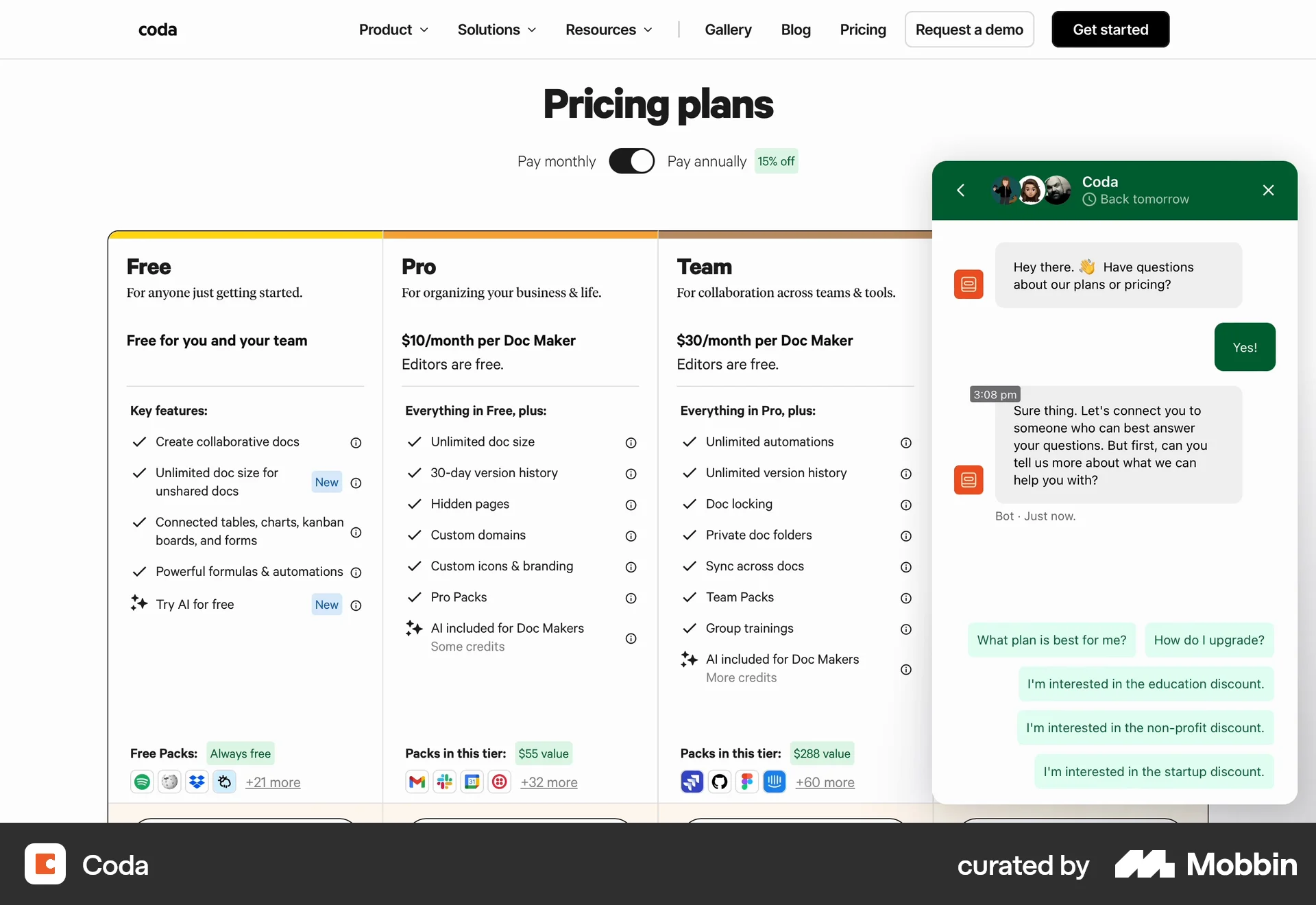 Coda Web Chat Bot screen