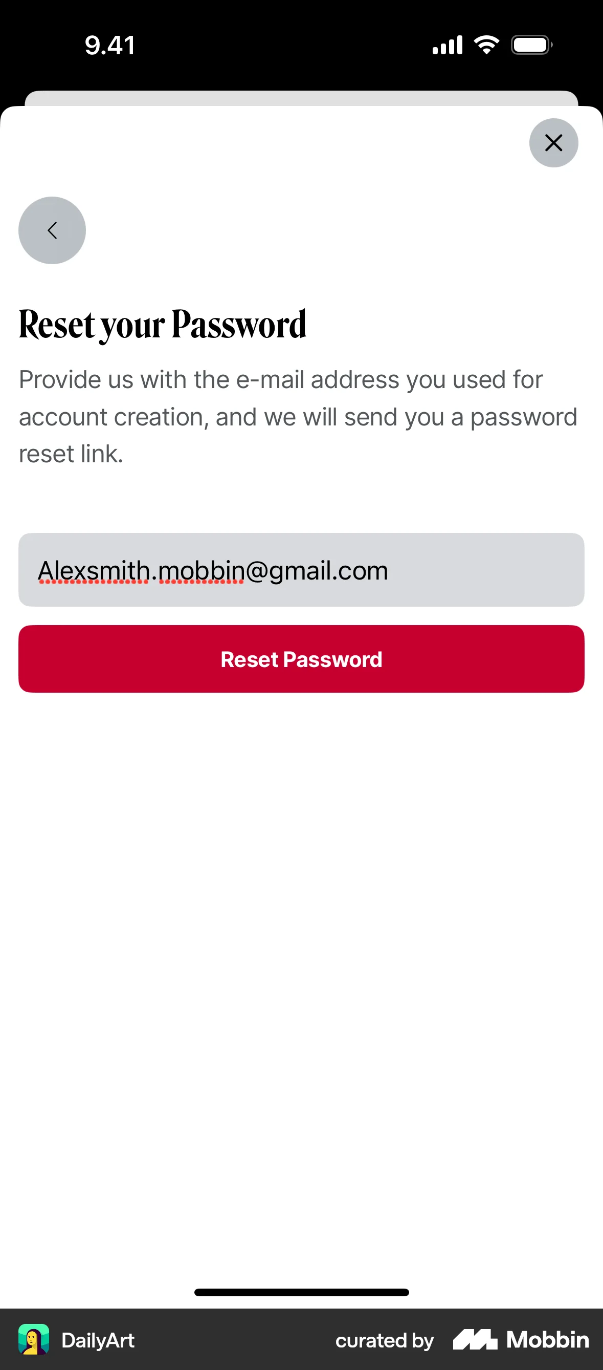 DailyArt iOS Forgot Password screen