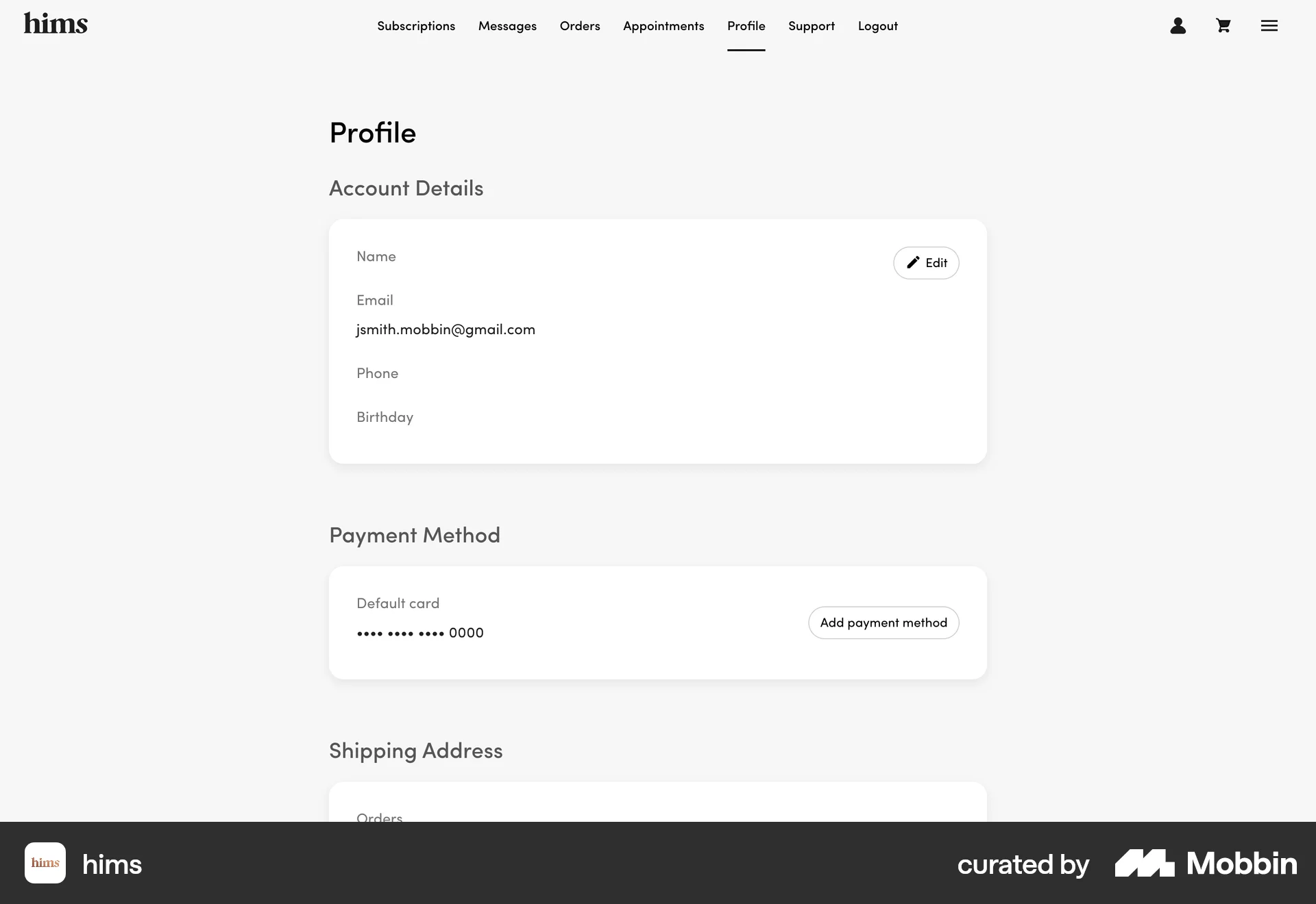 Hims Web My Account & Profile screen
