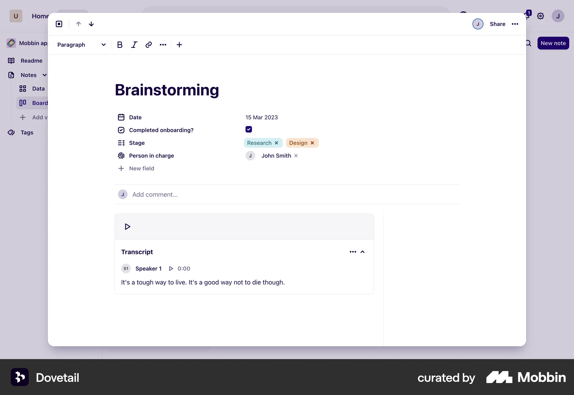 Dovetail Web Note Detail screen