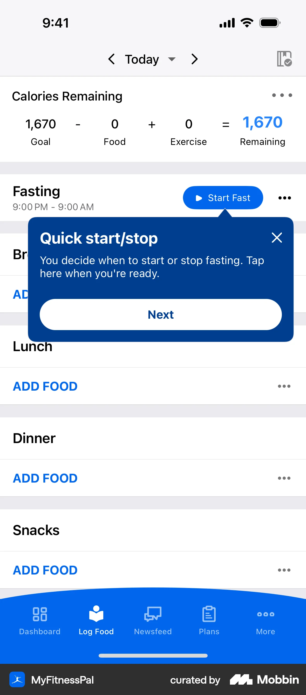 MyFitnessPal iOS screen containing Coach Marks UI element
