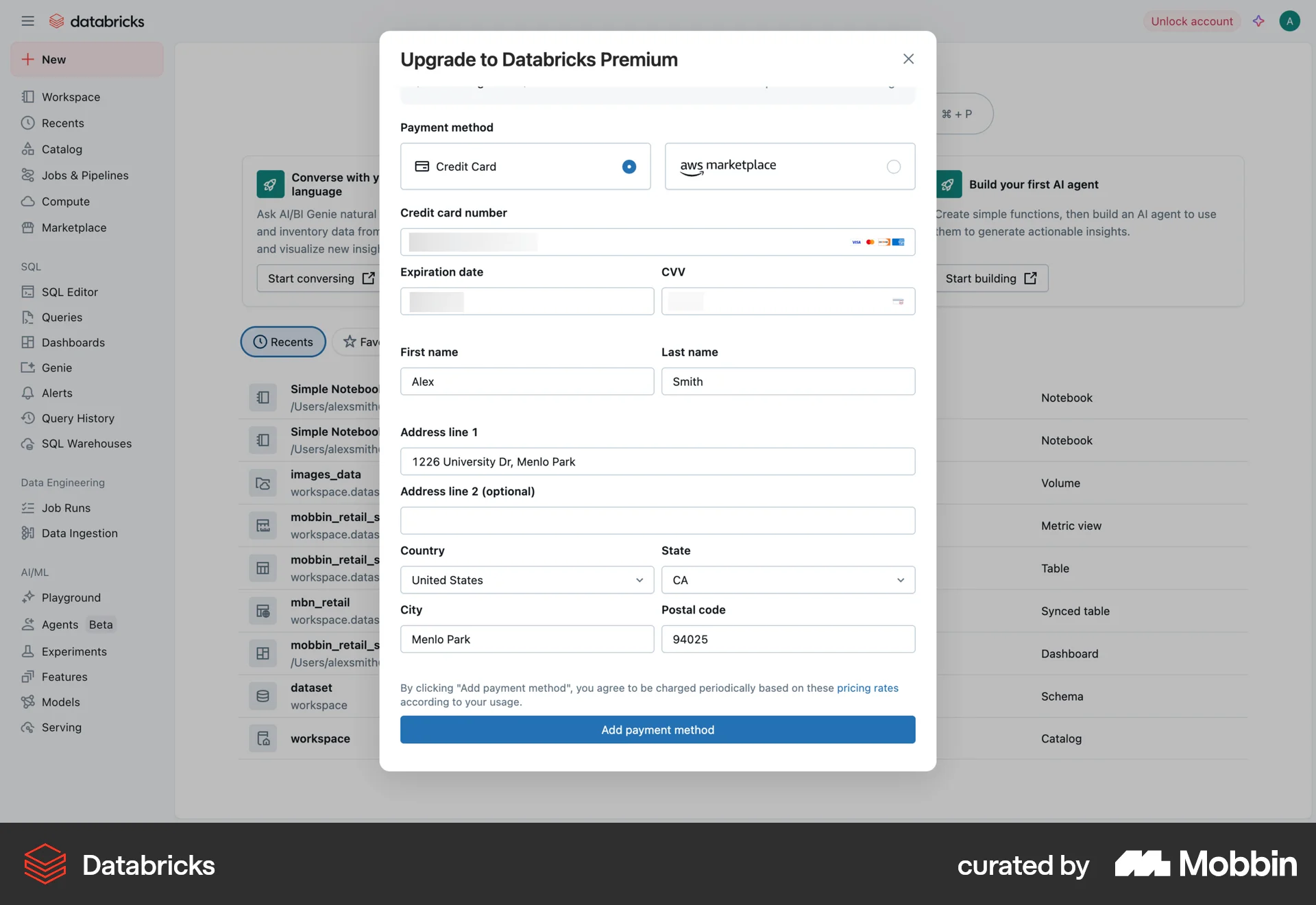Databricks Web Payment Method screen