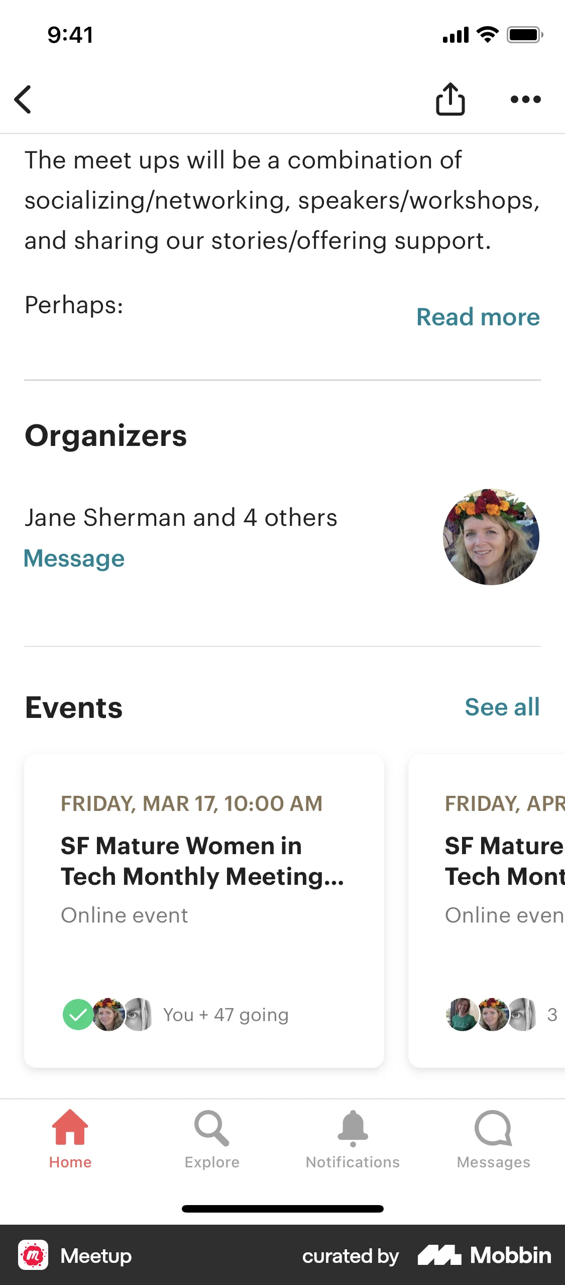 Meetup iOS User / Group Profile screen