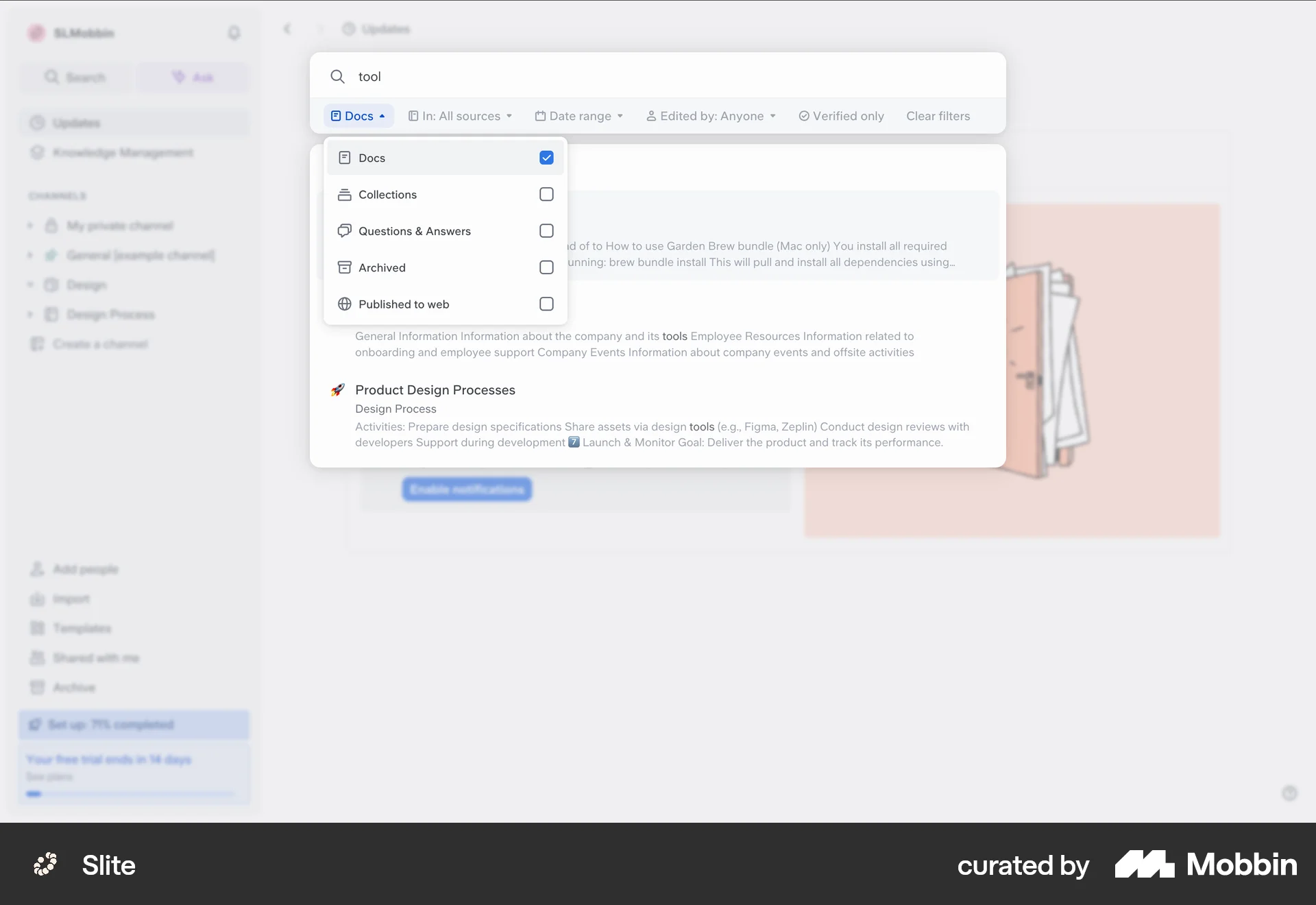 Slite Web screen containing Filter Panel UI UI element