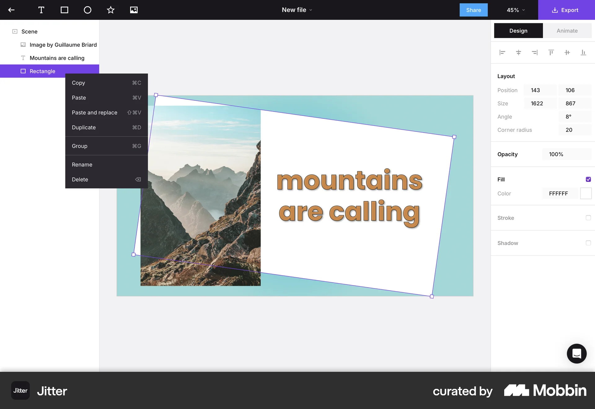 Jitter Web screen containing Context Menu UI element