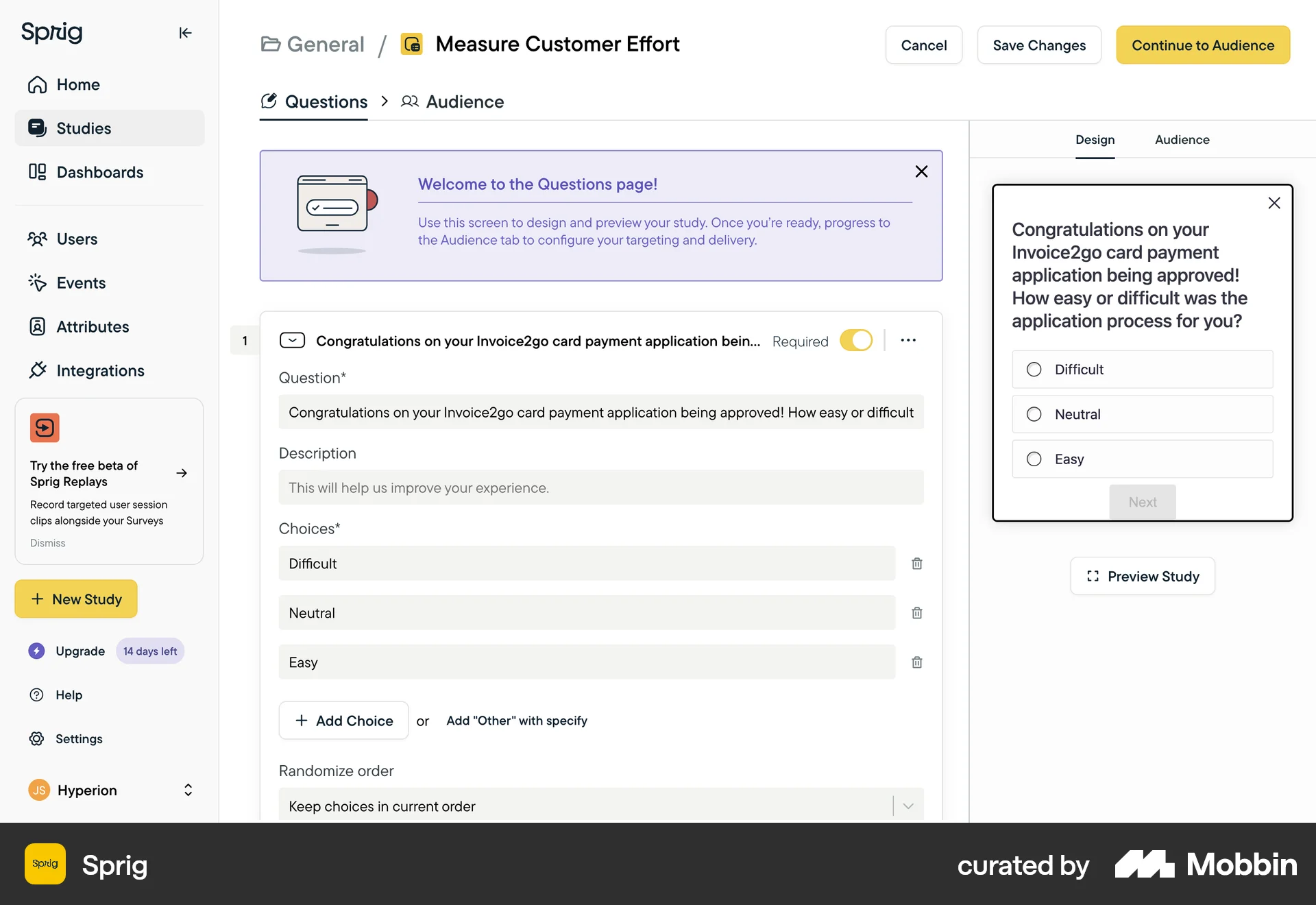 Sprig Web screen containing Breadcrumbs UI element