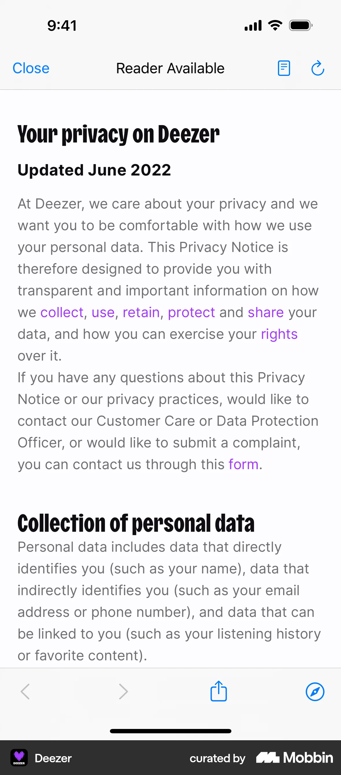 Deezer iOS Privacy Policy screen