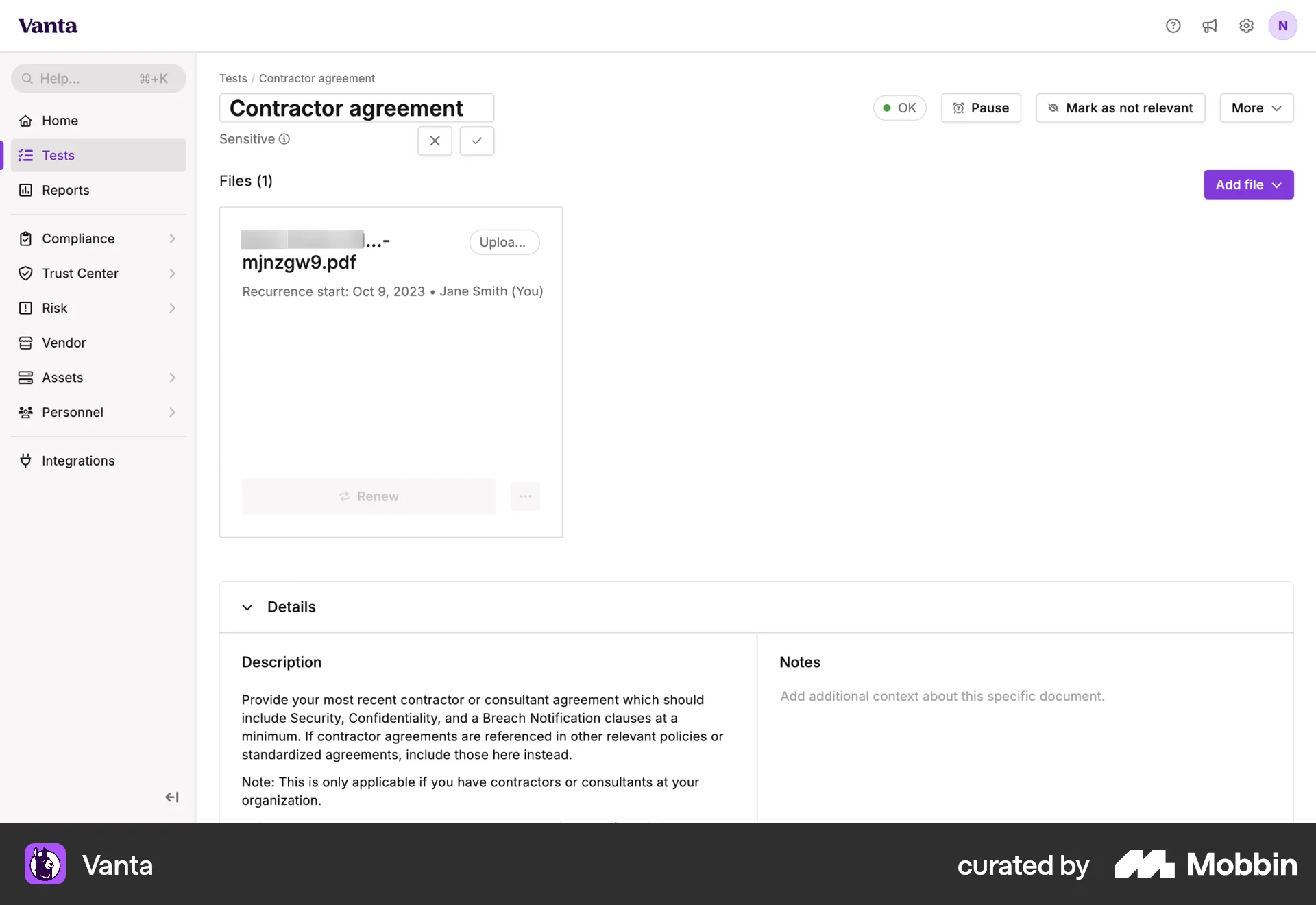 Vanta Web screen containing Editable Text UI element