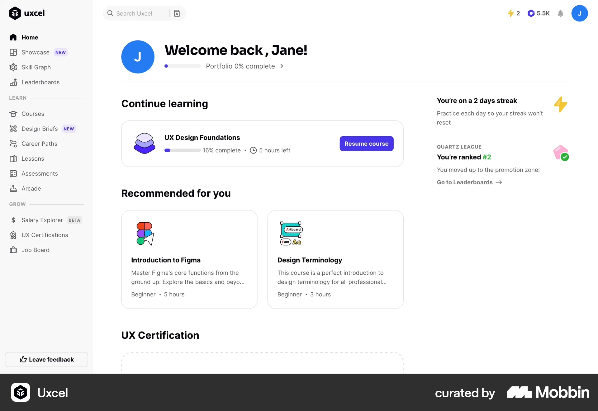 Uxcel Web Home screen