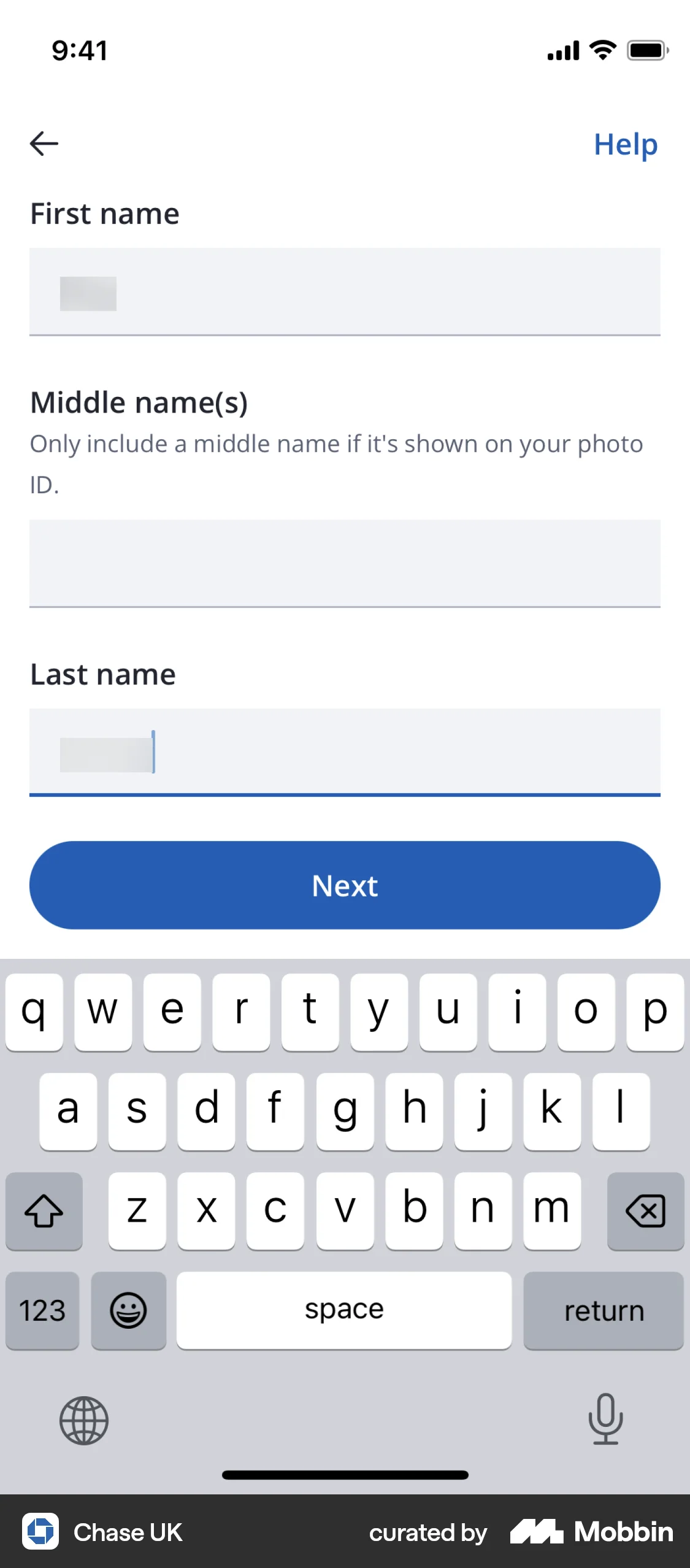 Chase UK iOS screen containing Text Field UI element