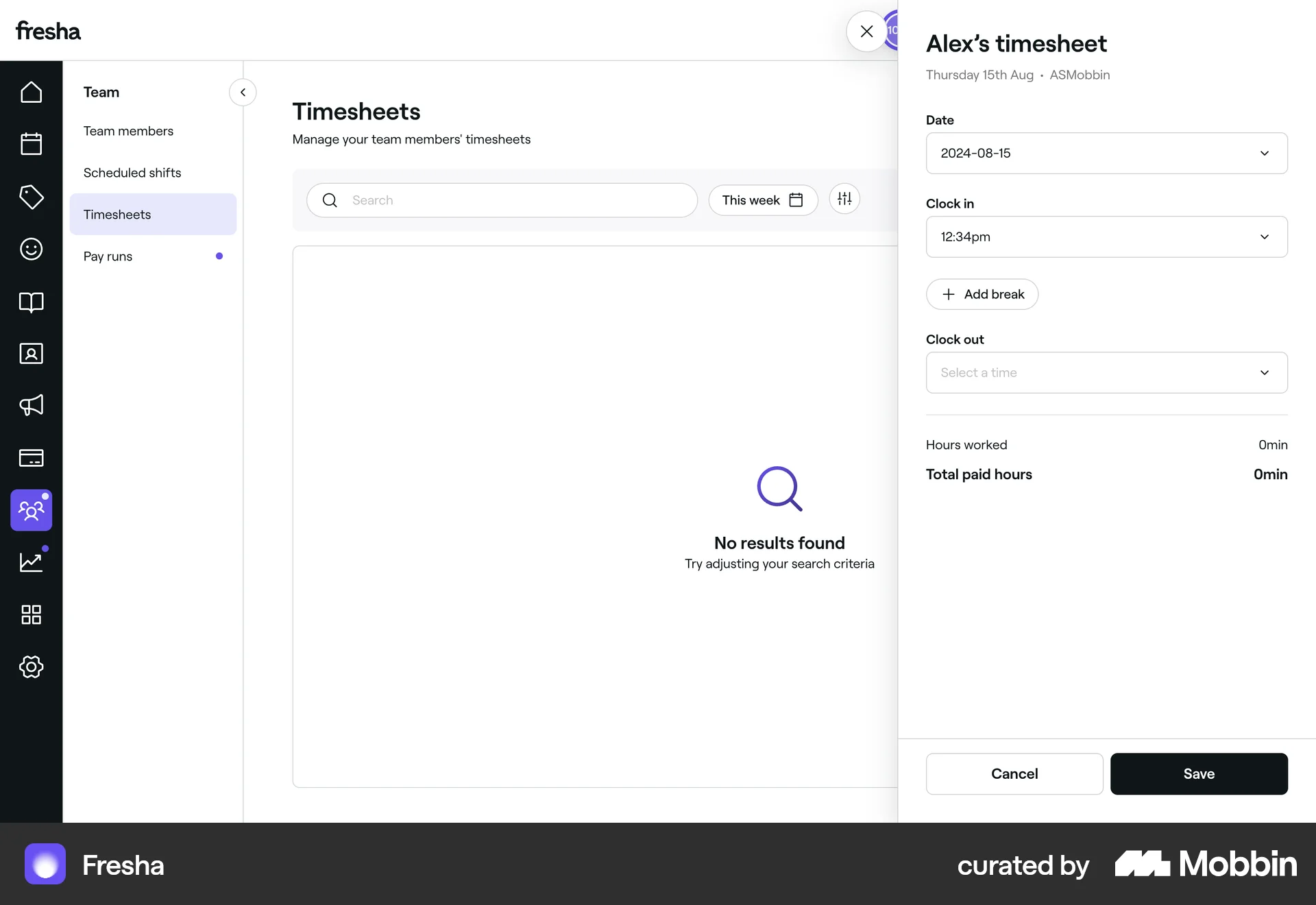 Fresha Web Time Tracker screen