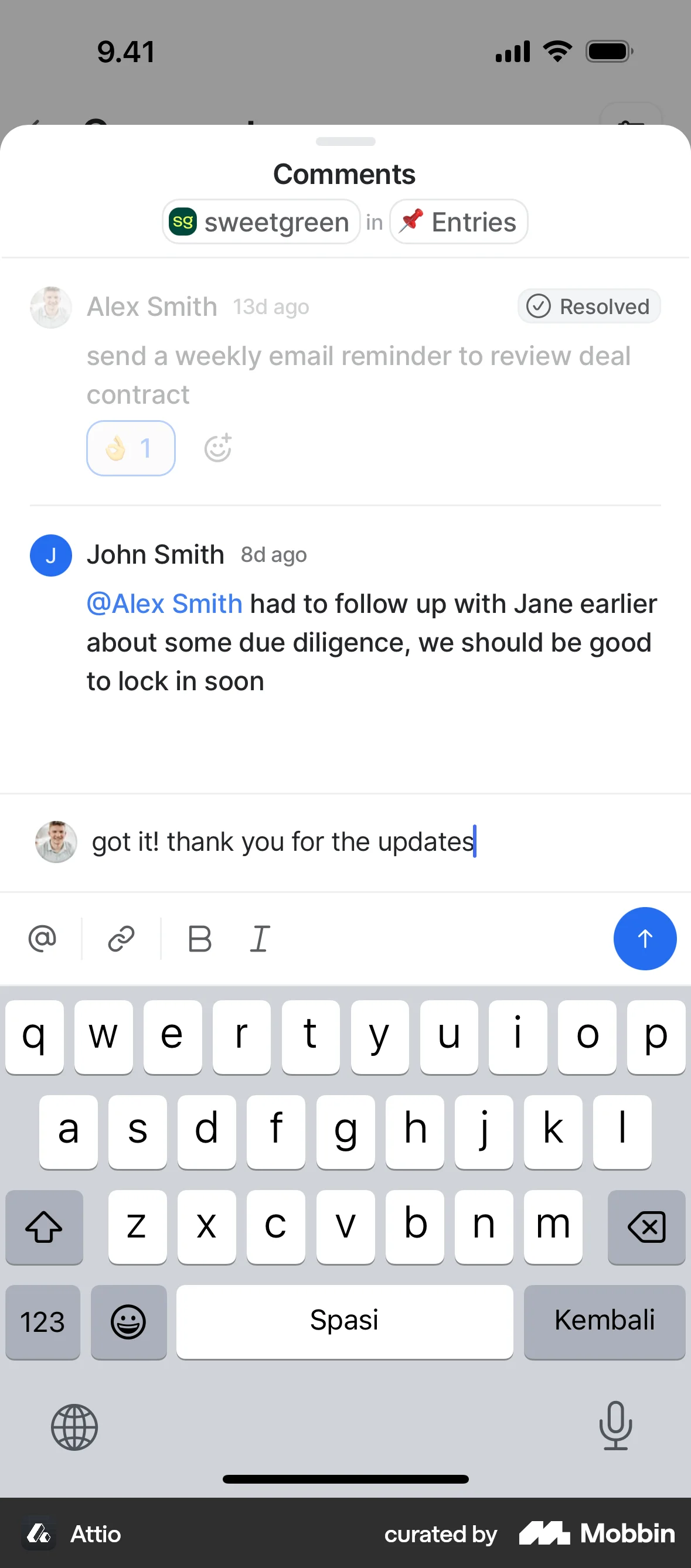 Attio iOS Comments screen