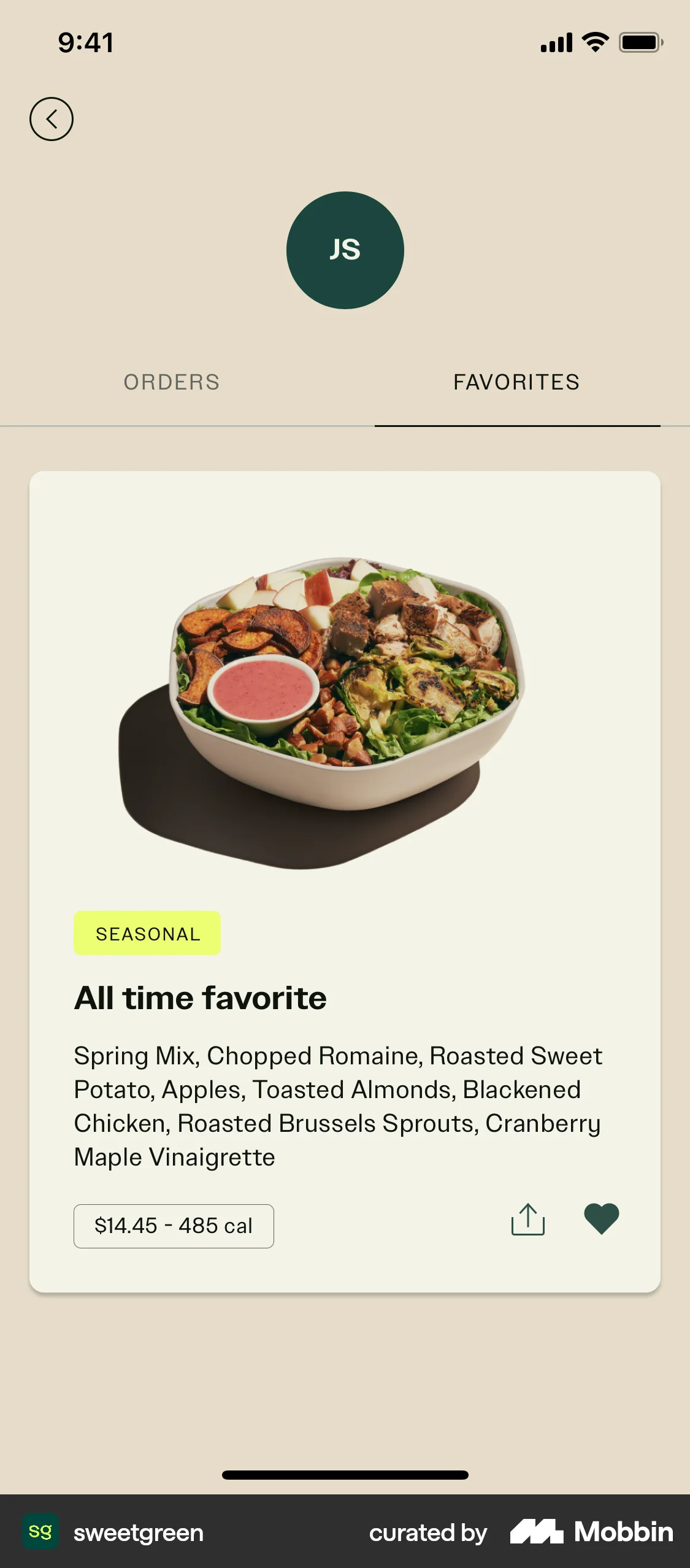 sweetgreen iOS Bookmarks & Collections screen