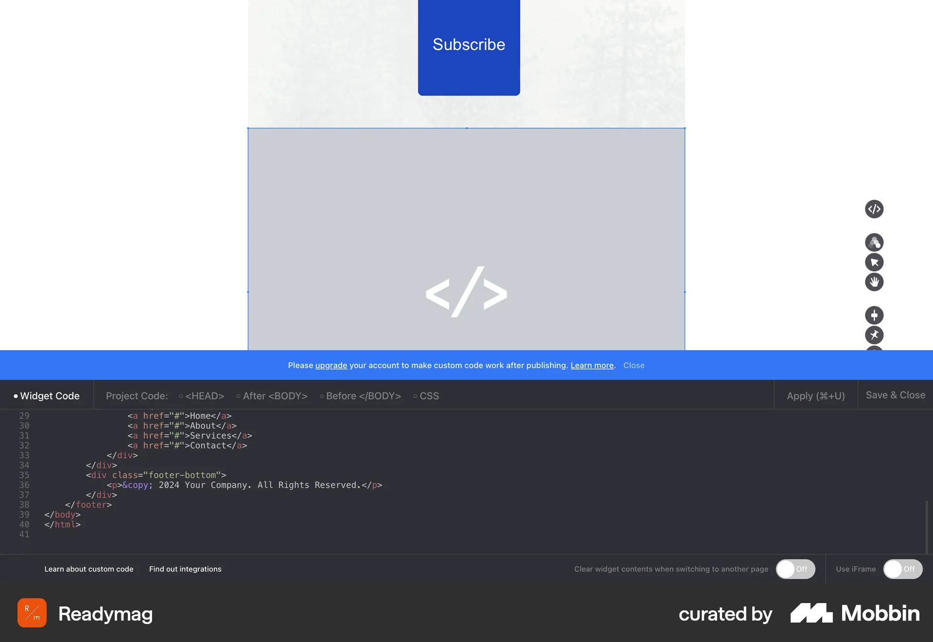 Readymag Web Code Editor screen