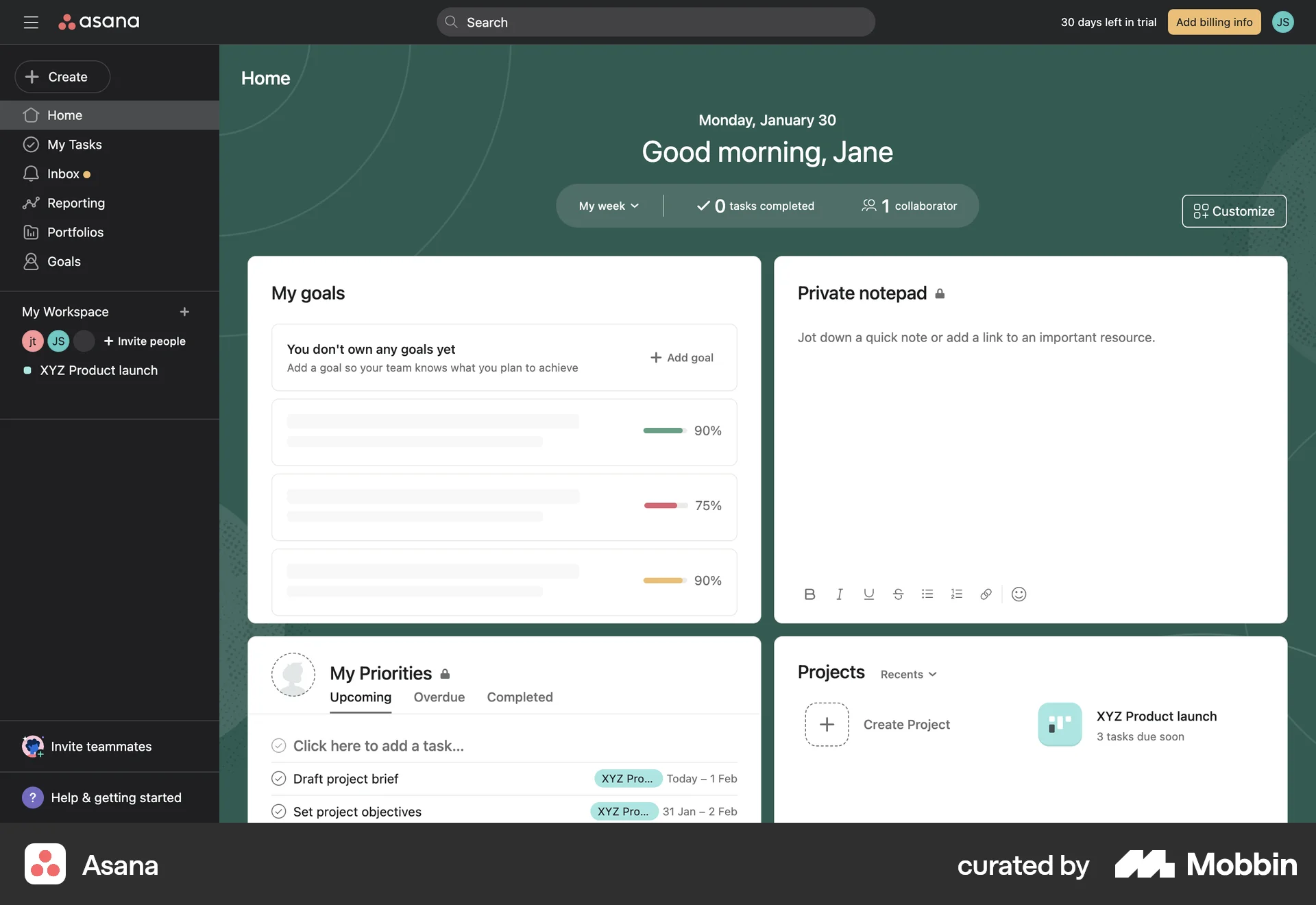 Asana Web Home screen