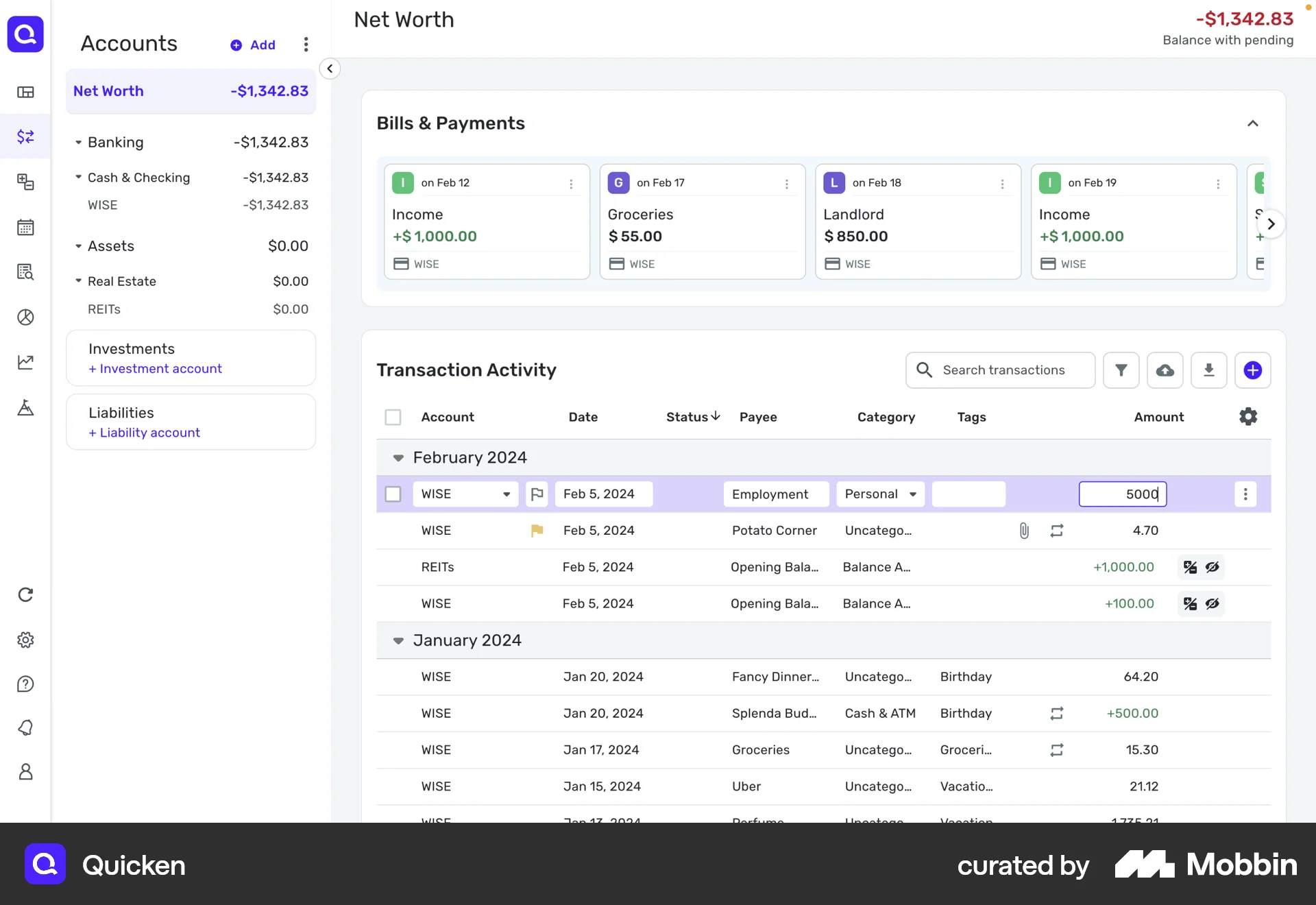 Quicken Web screen containing Editable Text UI element