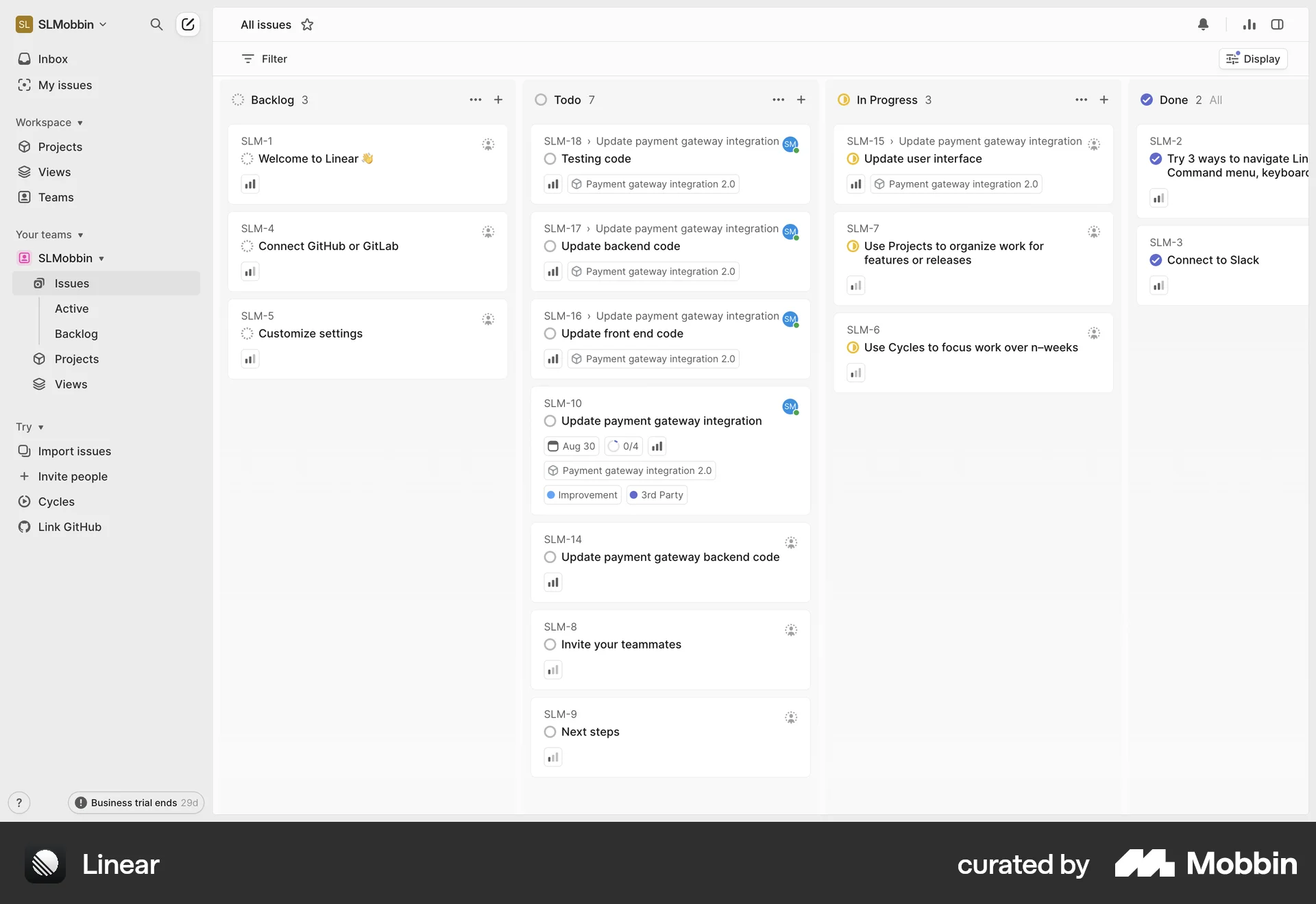 Linear Web Kanban Board screen