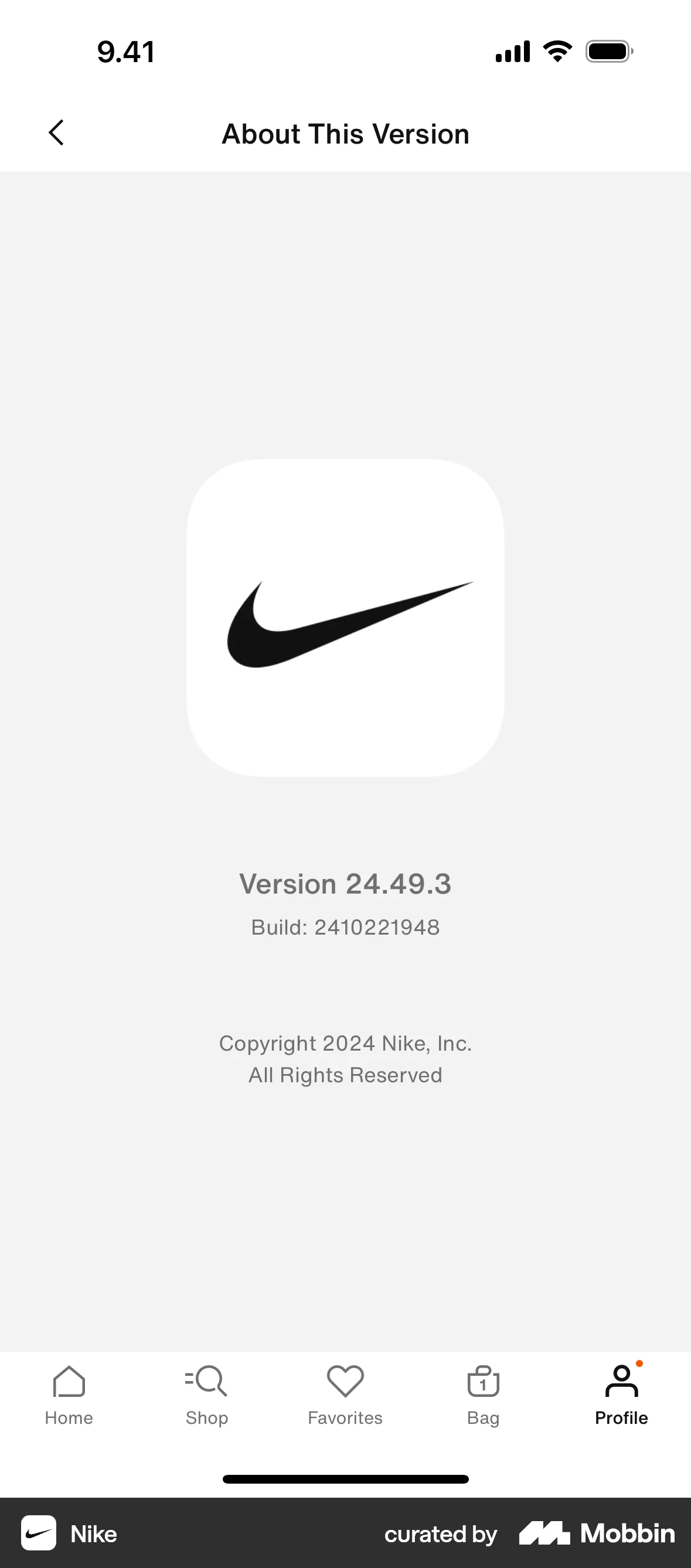 Nike iOS About screen