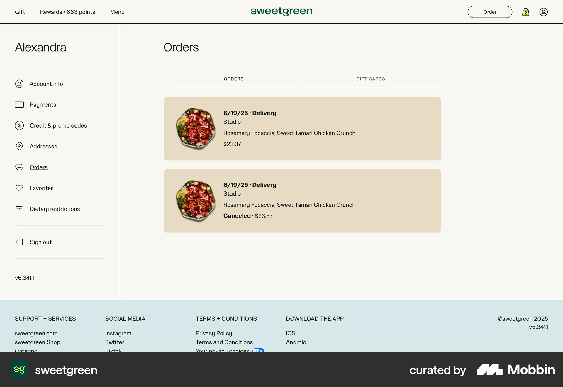 sweetgreen Web Order History screen