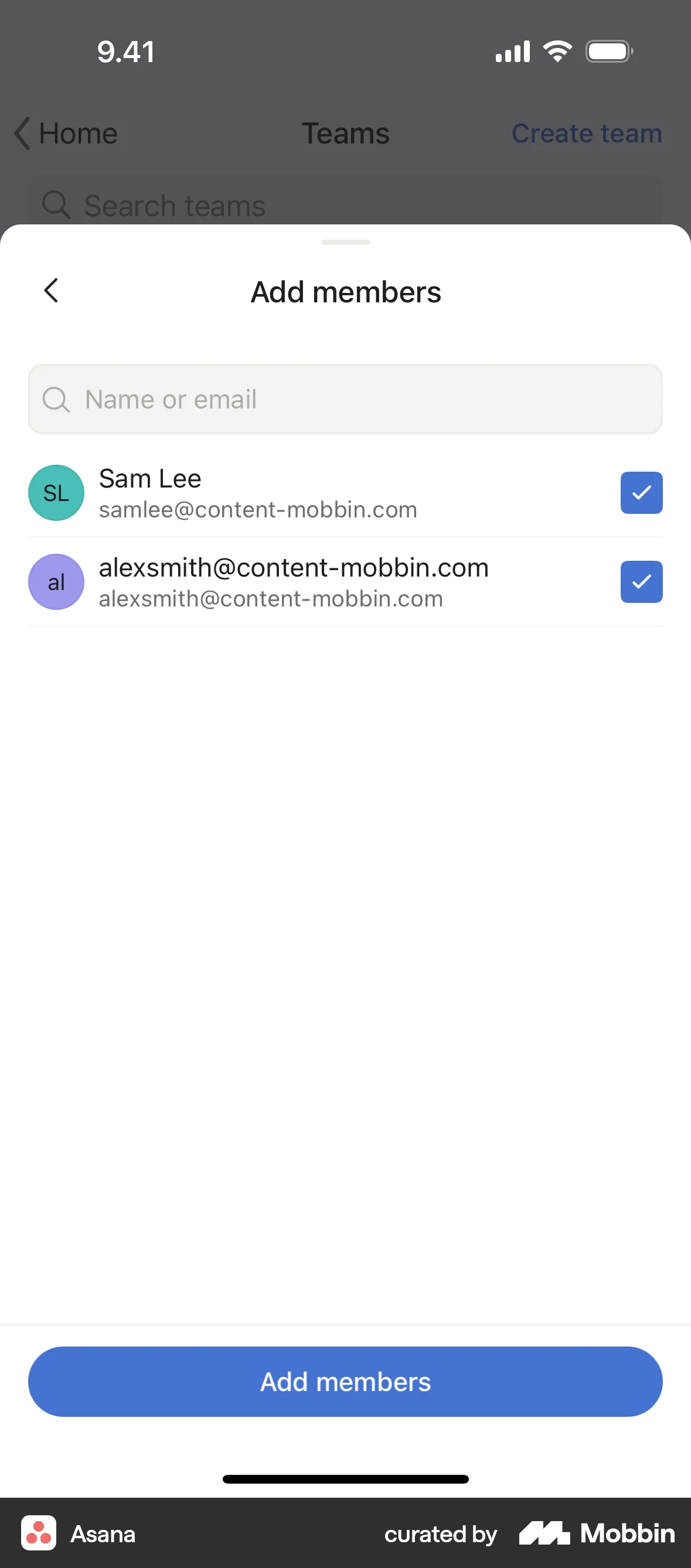 Asana iOS Invite Teammates screen