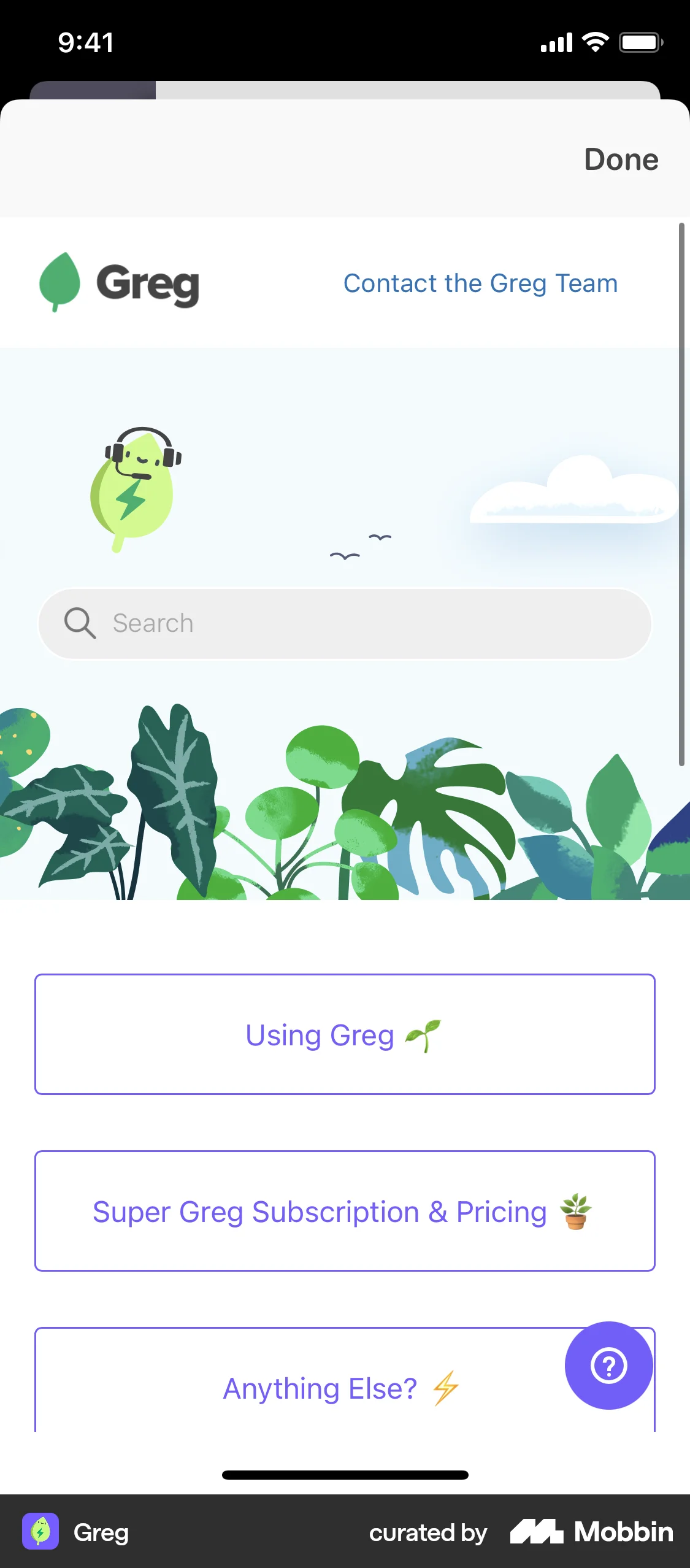 Greg iOS Help & Support screen