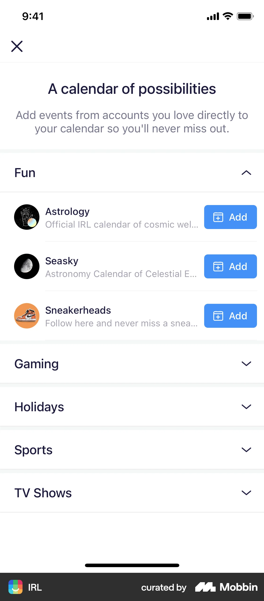 IRL iOS Other Content screen