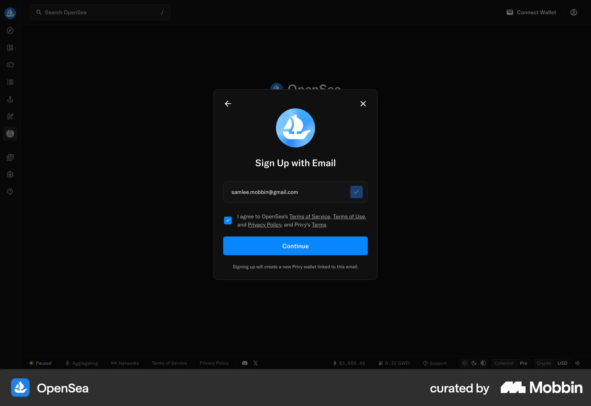 OpenSea Web Signup screen