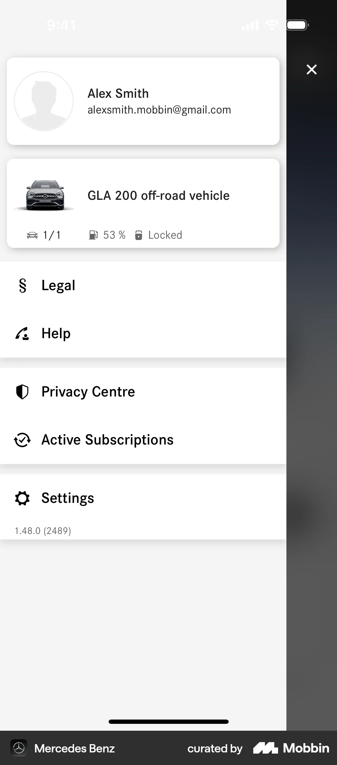 Mercedes-Benz iOS screen containing Side Navigation UI element