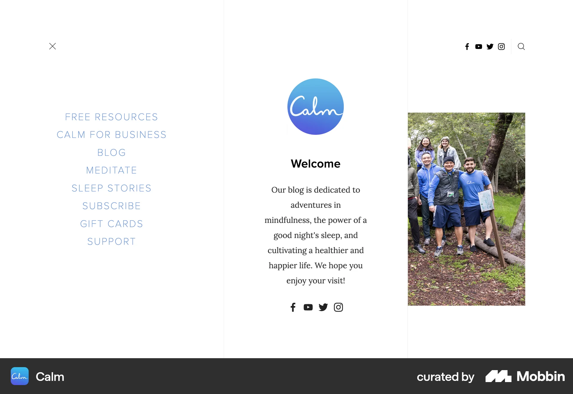 Calm Web screen containing Navigation Menu UI element