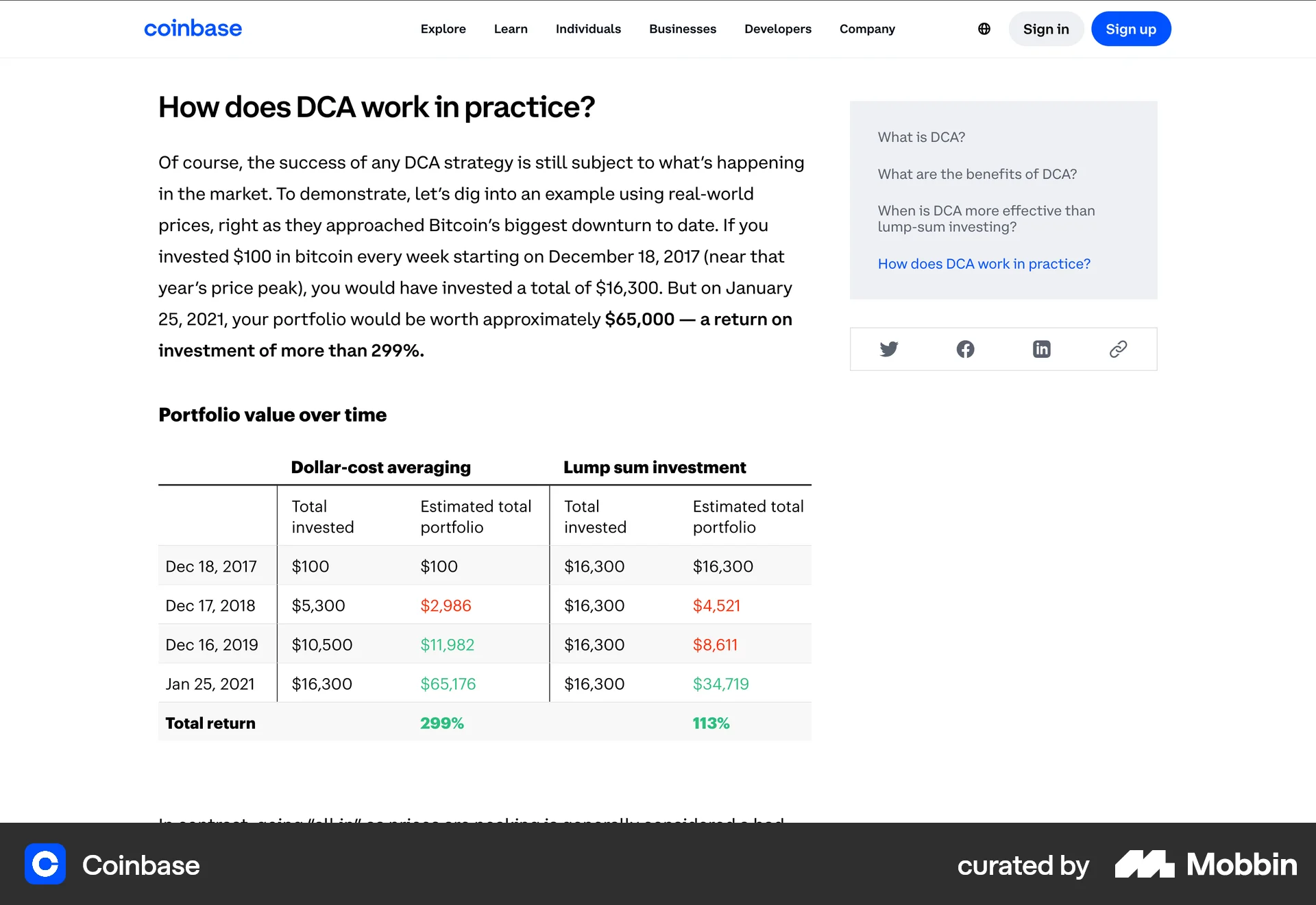 Coinbase Web screen containing Table of Contents UI element