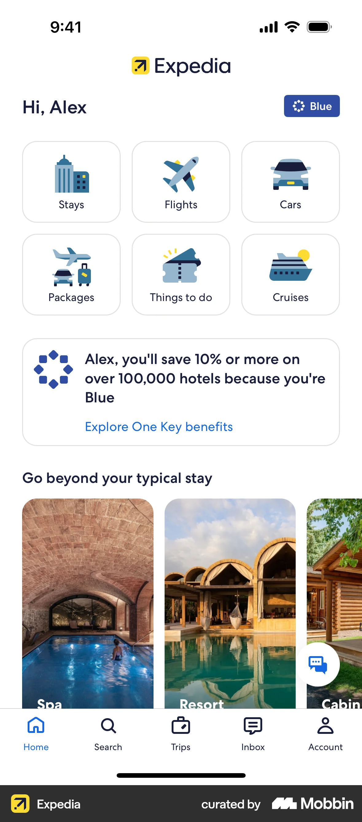 Expedia iOS Home screen