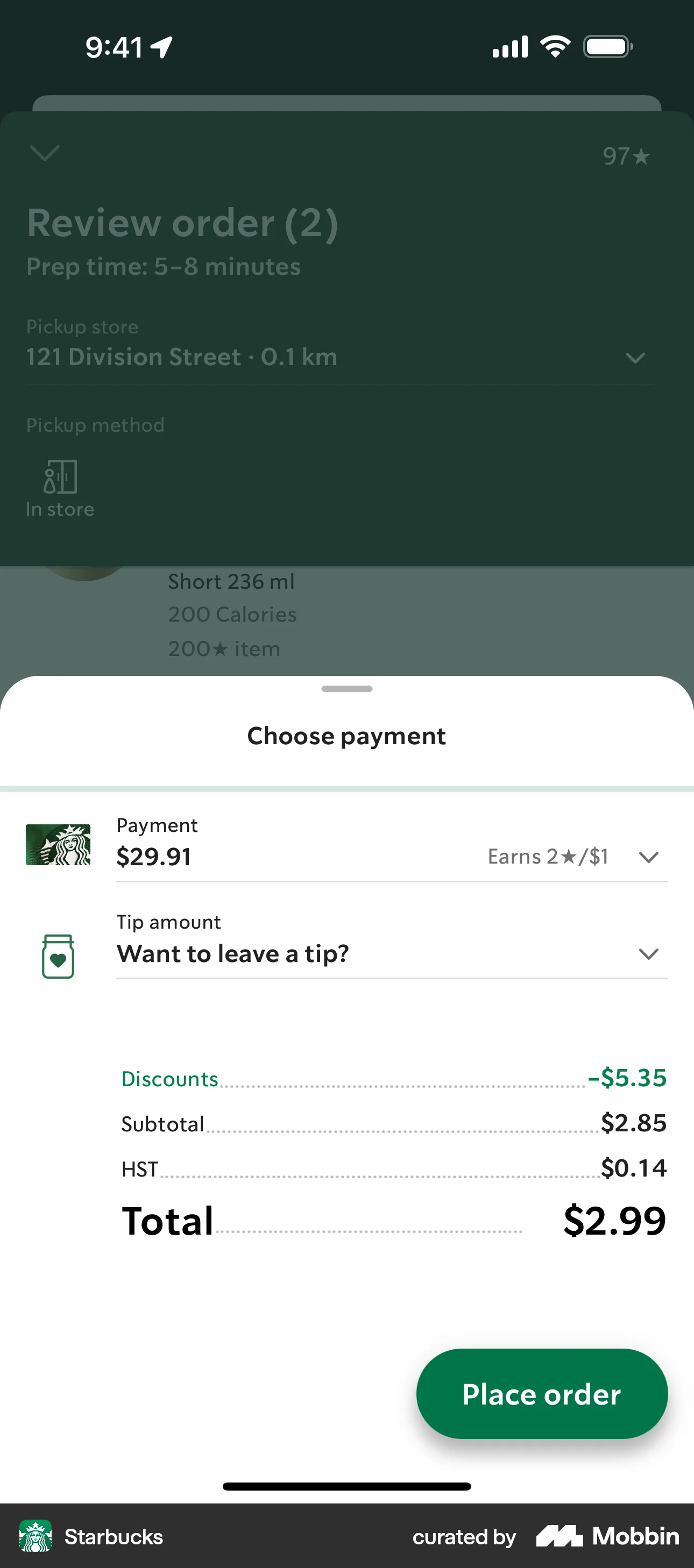 Starbucks iOS Checkout screen