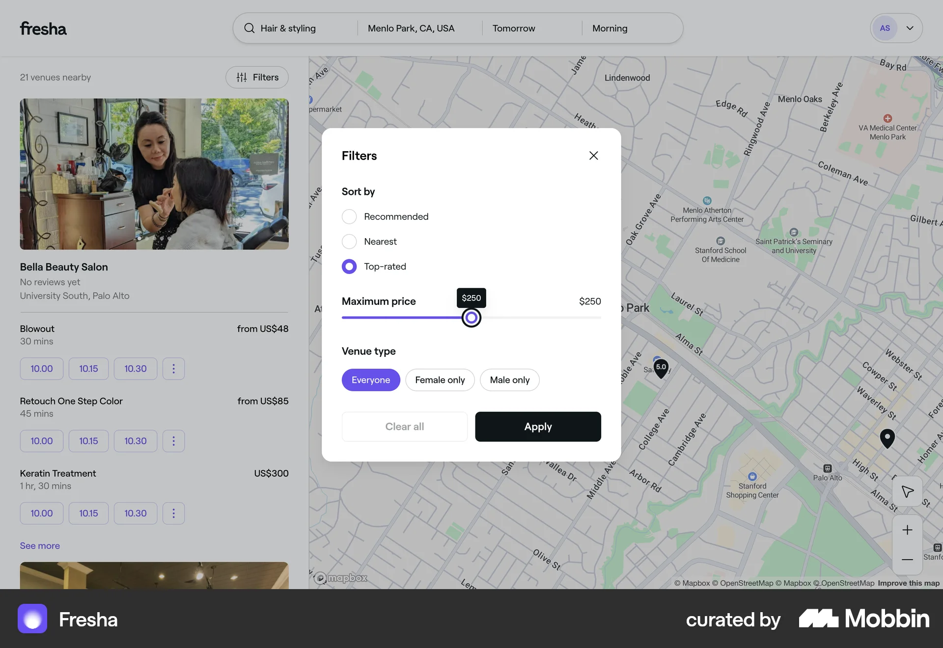 Fresha Web screen containing Slider UI element
