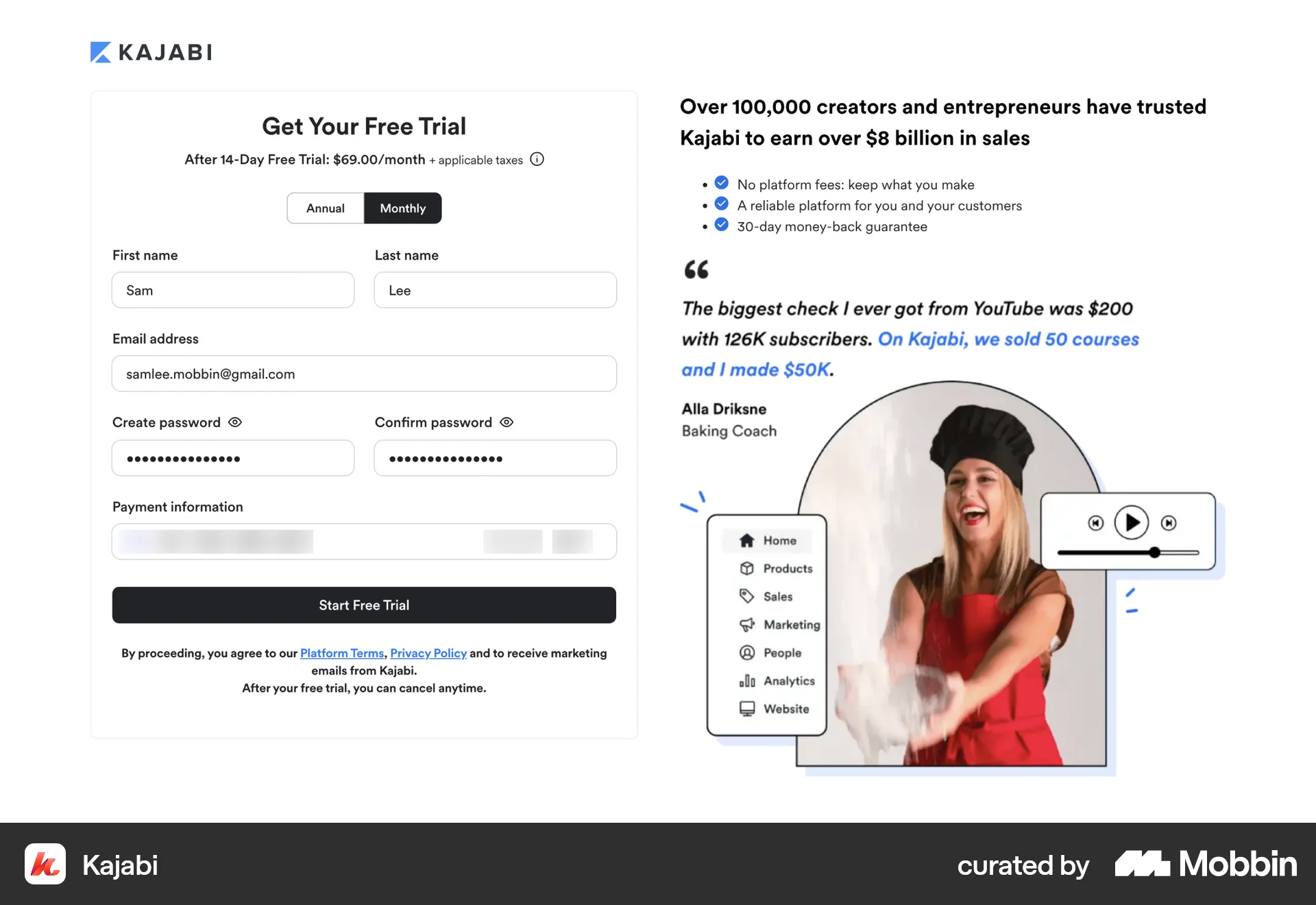 Kajabi Web Signup screen
