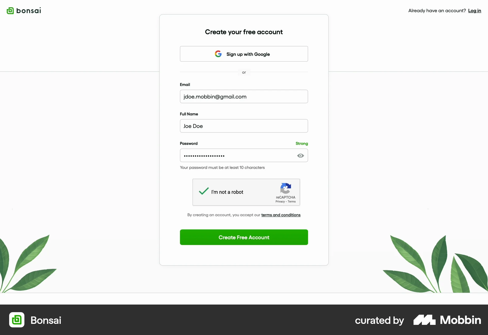 Bonsai Web Signup screen