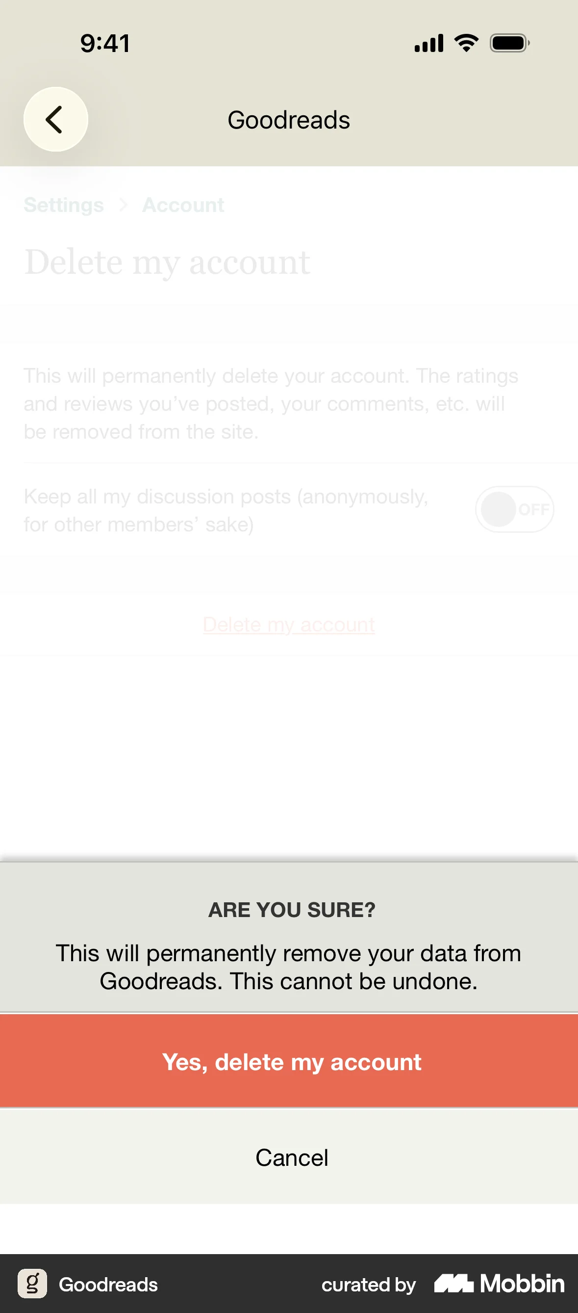 Goodreads iOS Confirmation screen