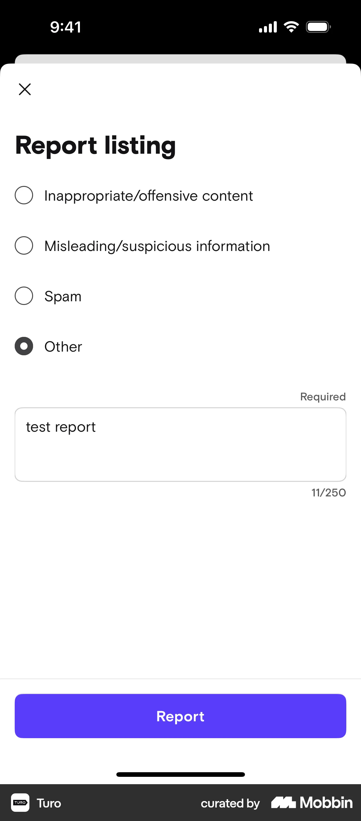 Turo iOS screen containing Radio Button UI element