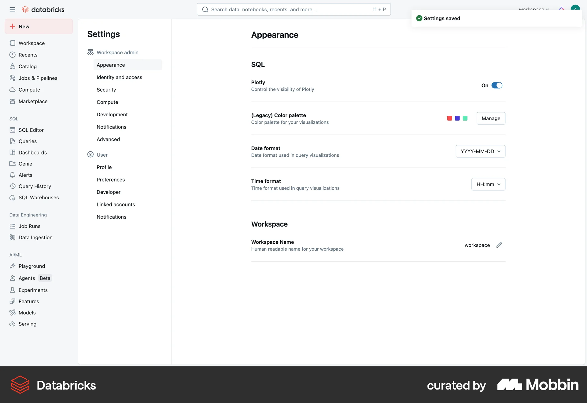 Databricks Web Settings & Preferences screen