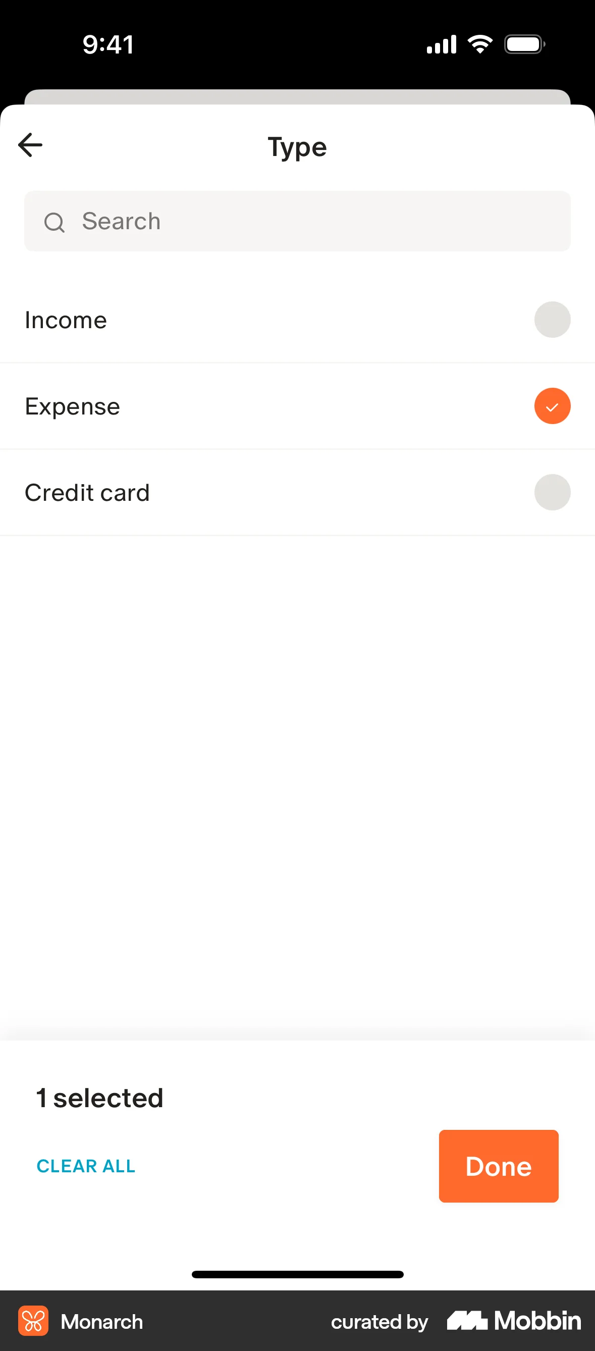 Monarch iOS screen containing Checkbox UI element