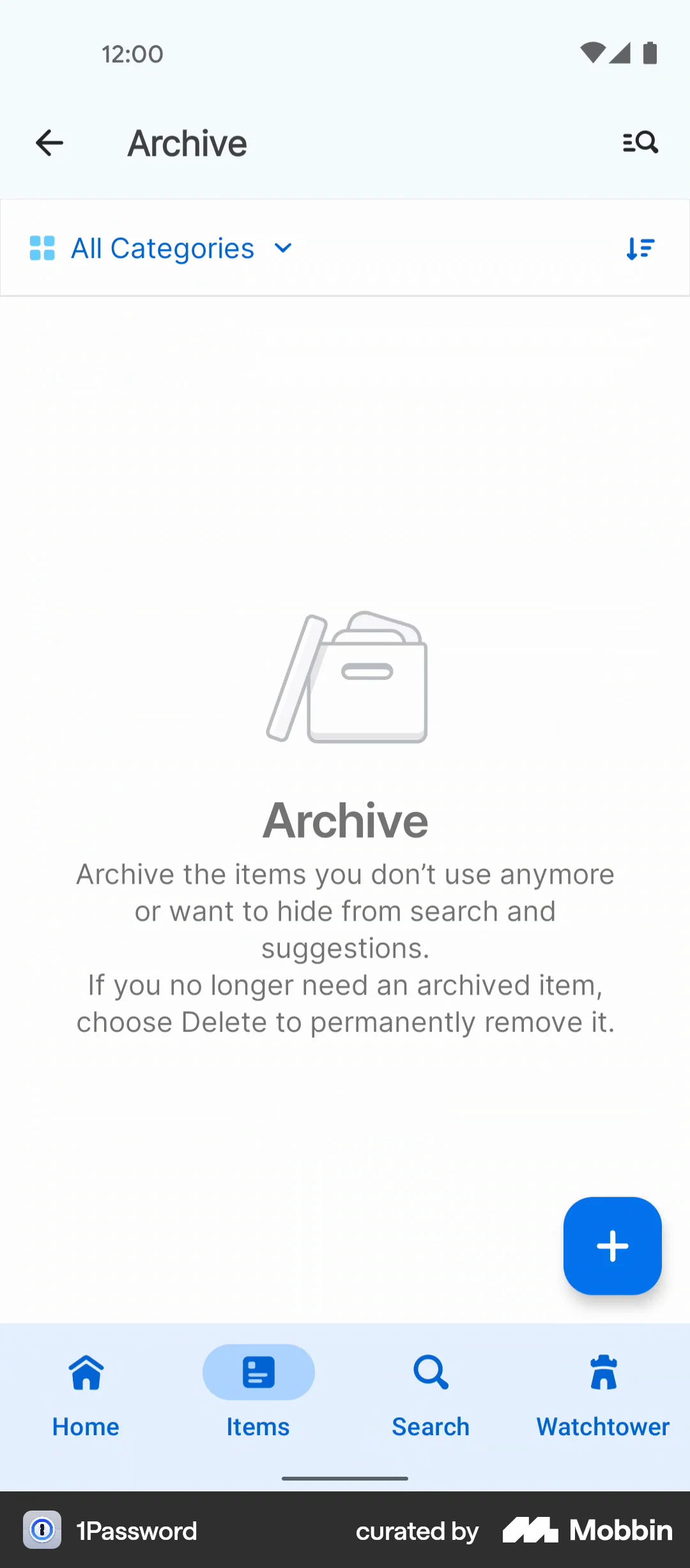 1Password Android Trash & Archive screen