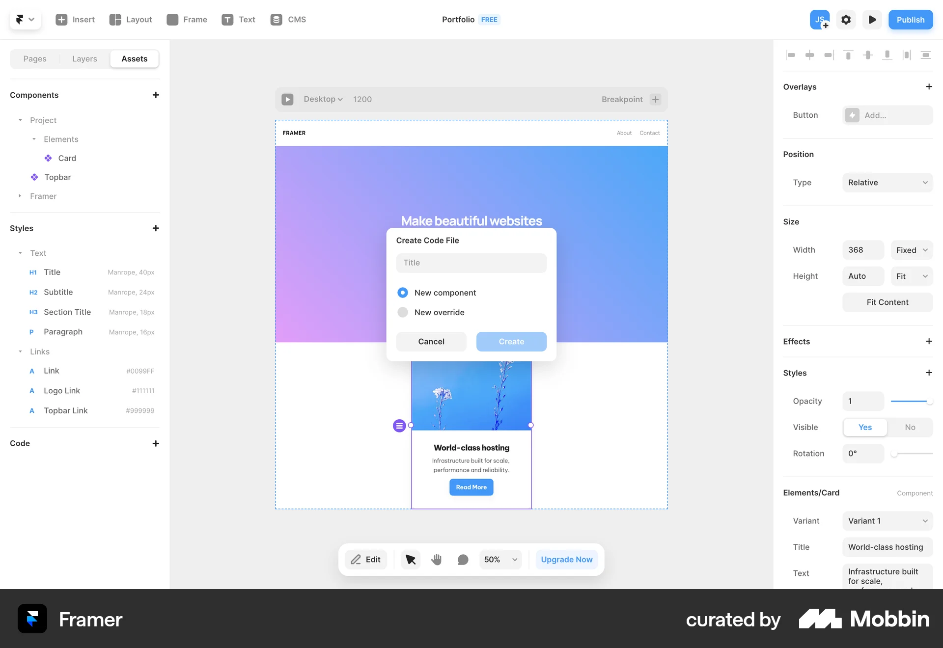 Framer Web screen containing Radio Button UI element