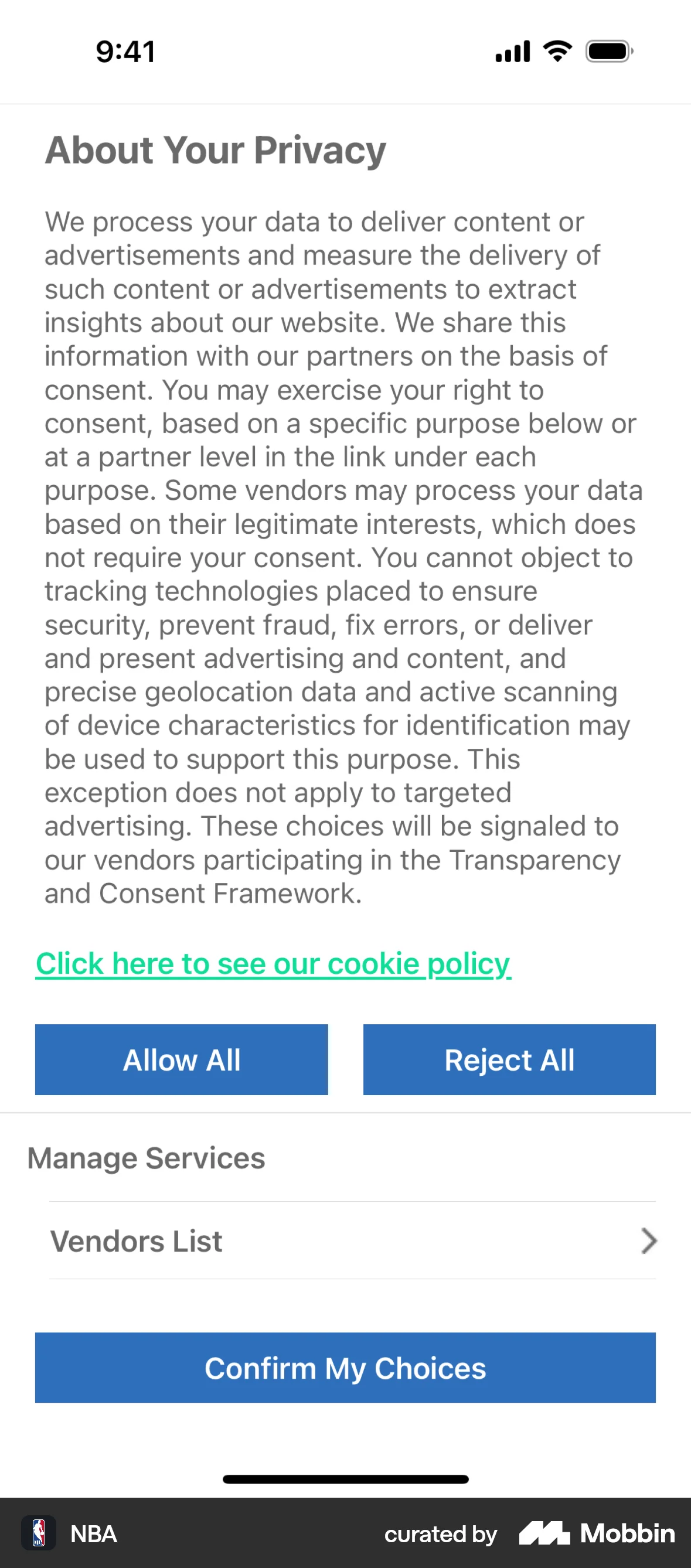 NBA iOS Privacy Policy screen