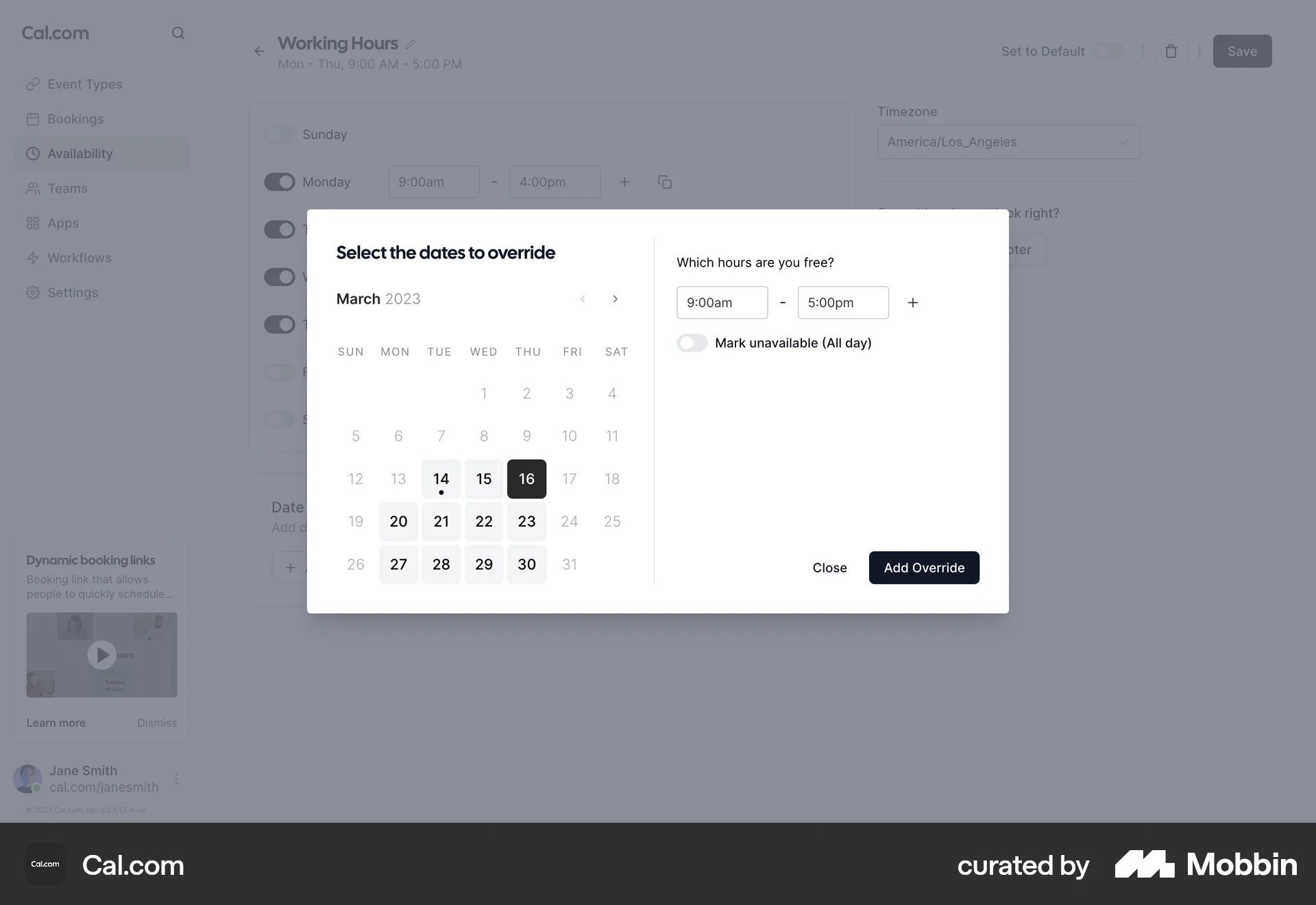 Cal.com Web Calendar screen
