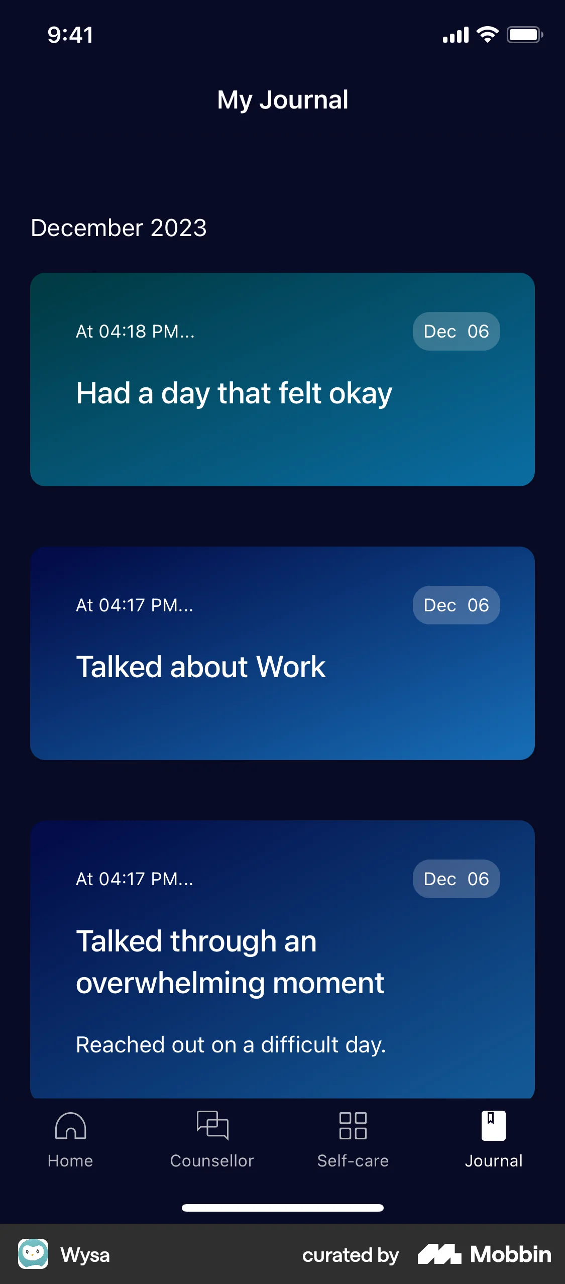 Wysa iOS Dark Mode screen