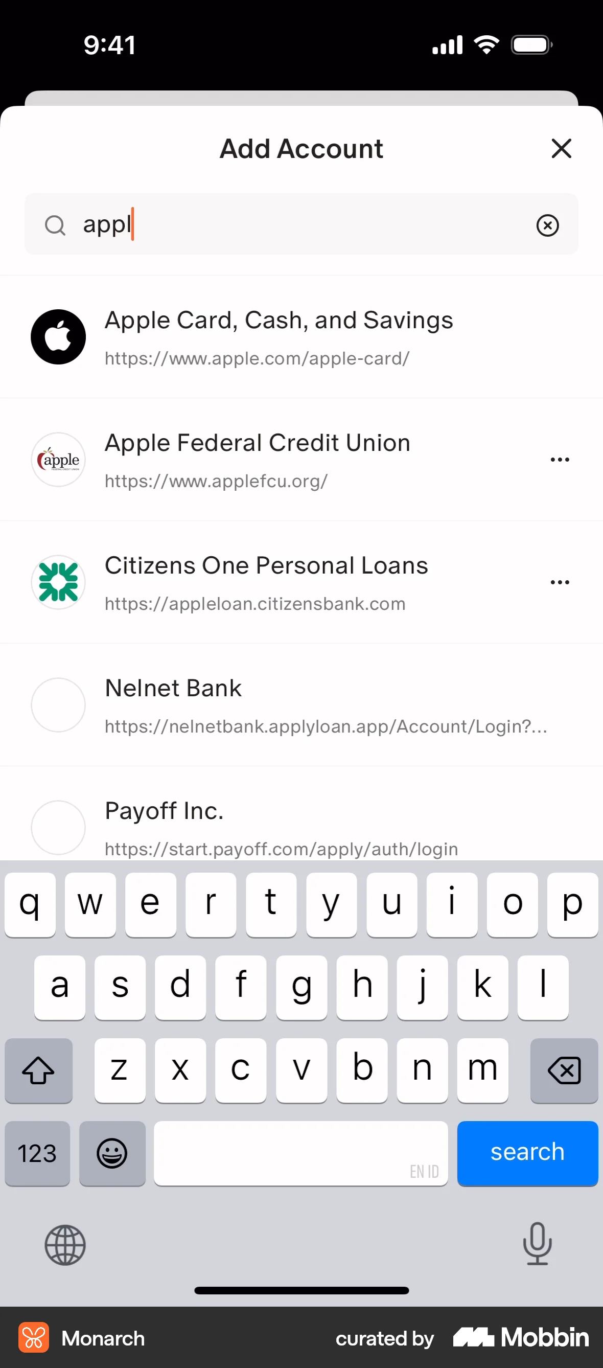 Monarch iOS Search screen