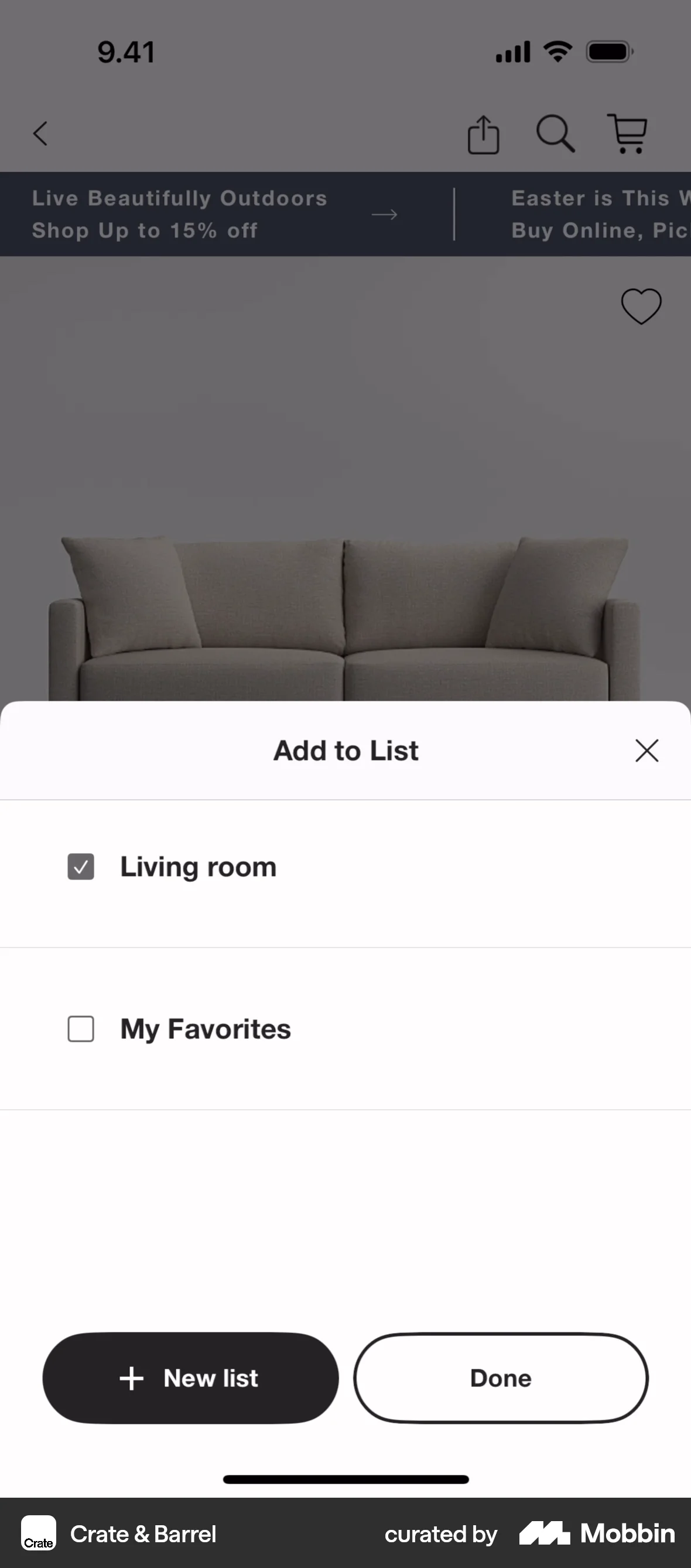 Crate & Barrel iOS Save screen