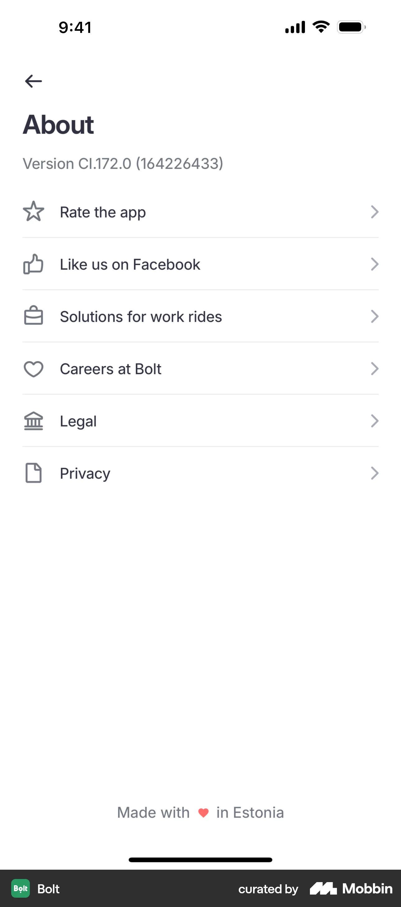 Bolt iOS About screen