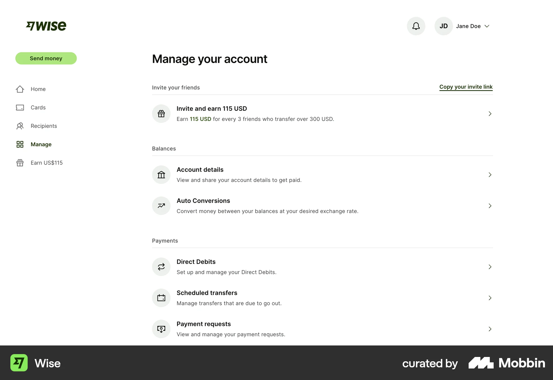 Wise Web My Account & Profile screen